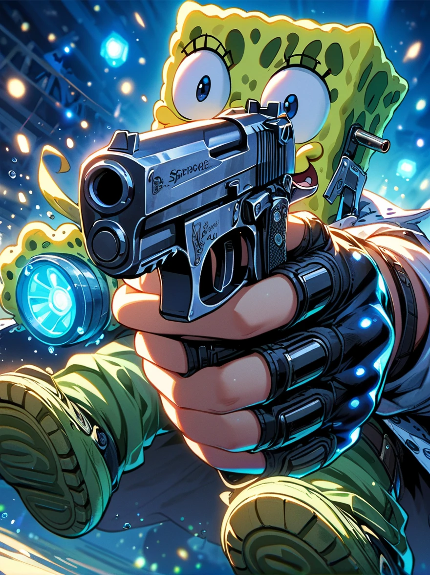 1 SpongeBob SquarePants，Holding a Desert Eagle pistol in both hands，aim at you，The scene is illuminated by blue lights
