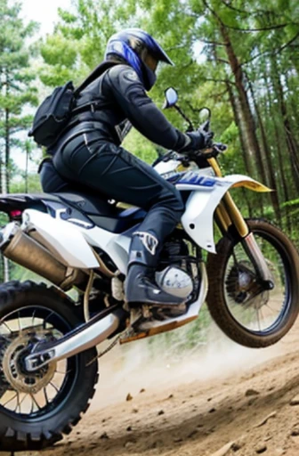 best quality, detailed, beautiful, insanely detailed, absurdres,perfect anatomy, Japanese woman,black hair,27 years old, (slender), (small breasts), full body shot, (Big jump scene with an off-road motorcycle:1.3), (angle from below:1.3)