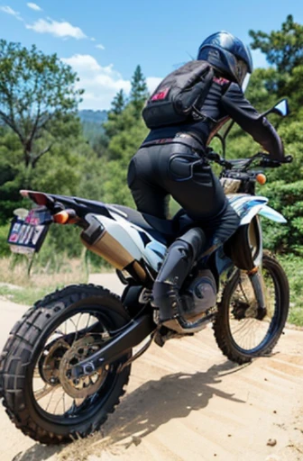best quality, detailed, beautiful, insanely detailed, absurdres,perfect anatomy, Japanese woman,black hair,27 years old, (slender), (small breasts), full body shot, (Big jump scene with an off-road motorcycle:1.3), (angle from below:1.3)