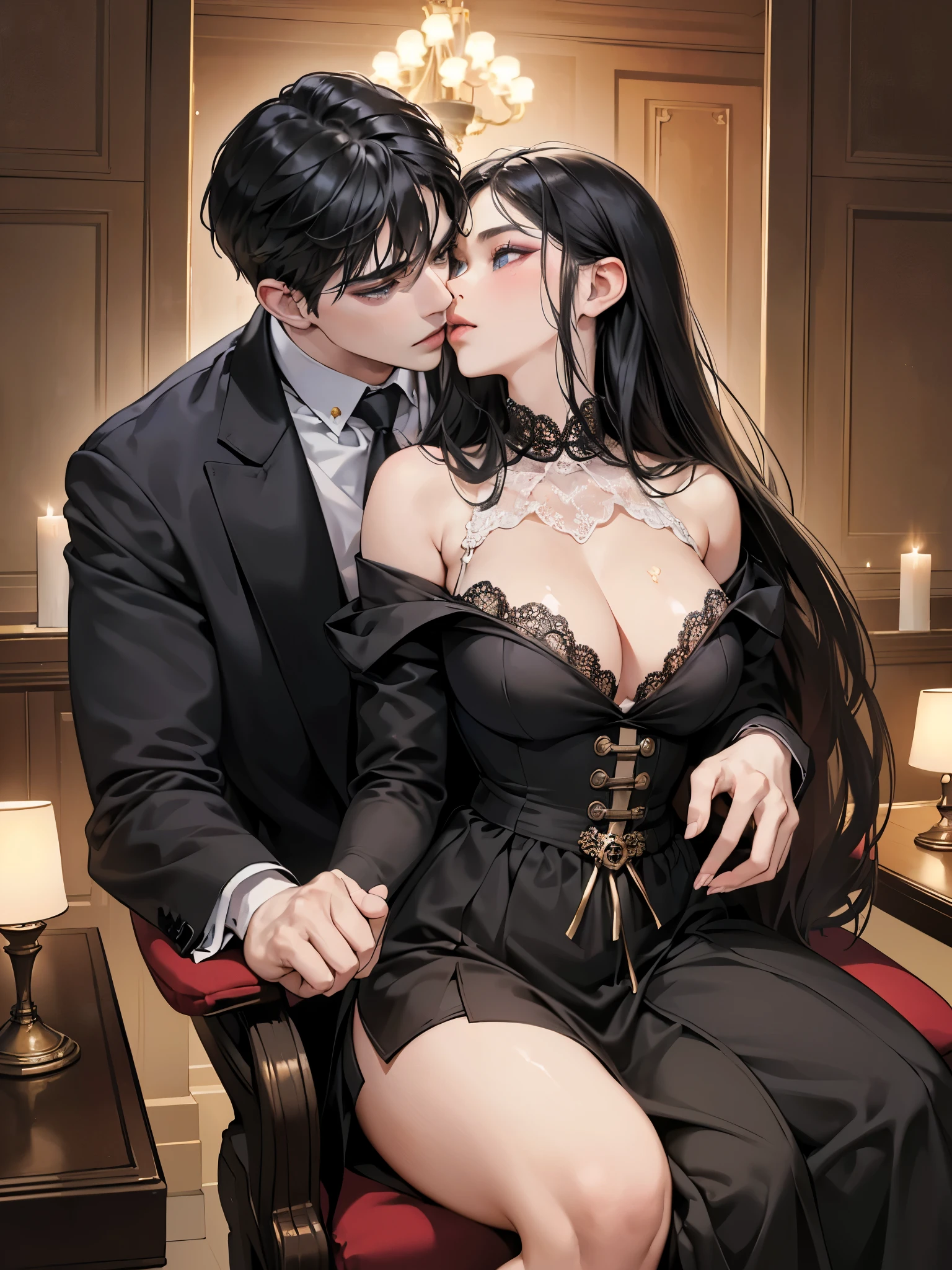 (table top, digital art, digital illustration, 4k, 8k, very detailed, beautiful picture, Sharp picture, realistic, raw photos, perfect face, perfect lines, perfect eyes, soft light) 1 woman, (long black hair,have straight hair,Bullish stare,Beauty,woman in suit,Hard makeup,23 is a novel,Big tits:1.5), (human,human性はスーツ姿,have good muscles,broad, stable shoulders, humanのこ,children's hairstyles,English gentleman style,クールな表情の30代human性,明るい笑顔の28歳human性:1.2),office scene at night,antique furniture,antique clamp,antique chair,Chandeliers,party、lover、couple kissing、kiss、the kiss、antique furniture, stunted, voluptuous , Man hugs woman from behind, sex, fuck, Seduce sex