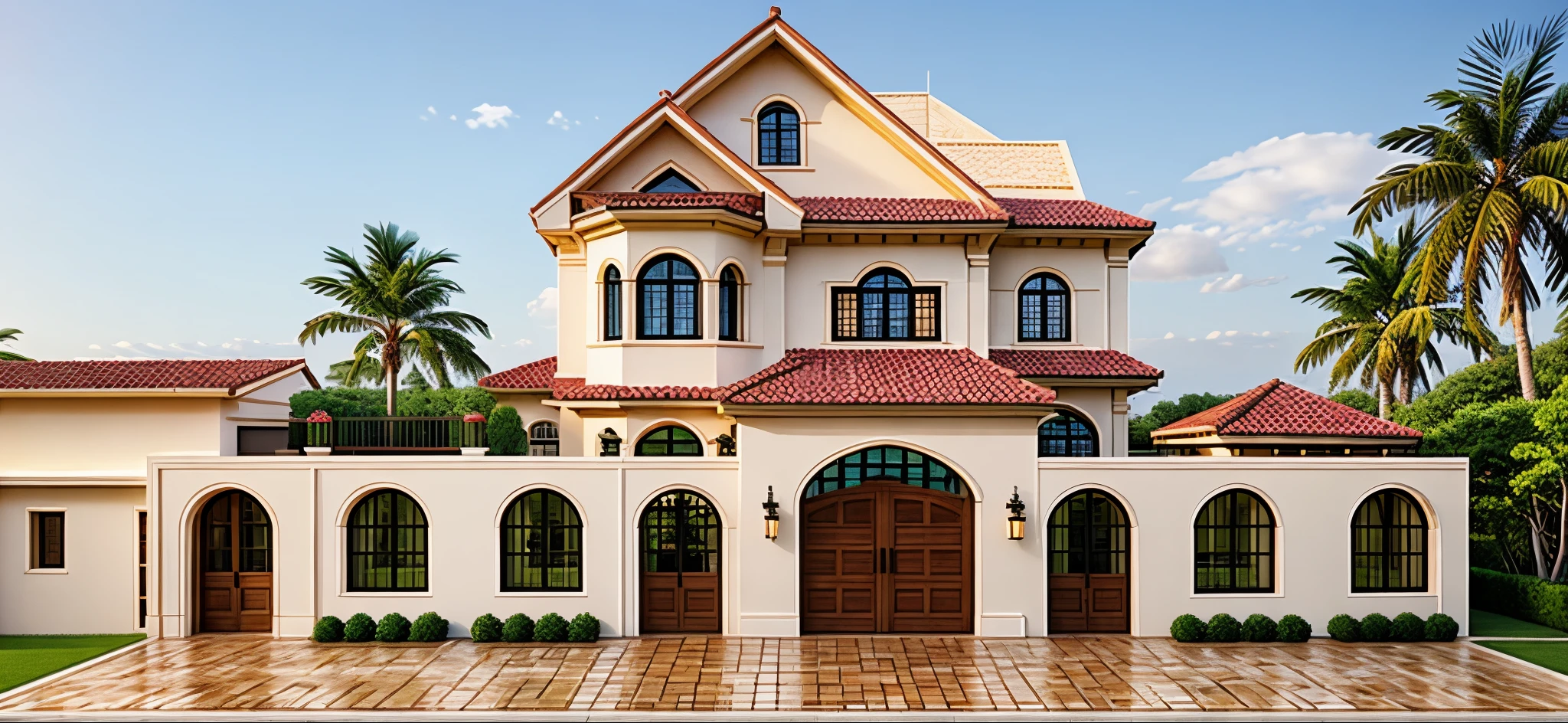 (Mediterranean Revival house ,close houses and trees), (Mediterranean Revival style architecture) daylight ( best quality) ((high solution)) ,(( photo realistic)) ,warm light, soft lighting, warm atmosphere,high Resolution, hyper detailed,4k ,vray render, octane render, hyper realistic, photography expert ,exterior design , professional photography, exterior photography,wide-angle shot , ultra detail , high Resolution , full frame, full body