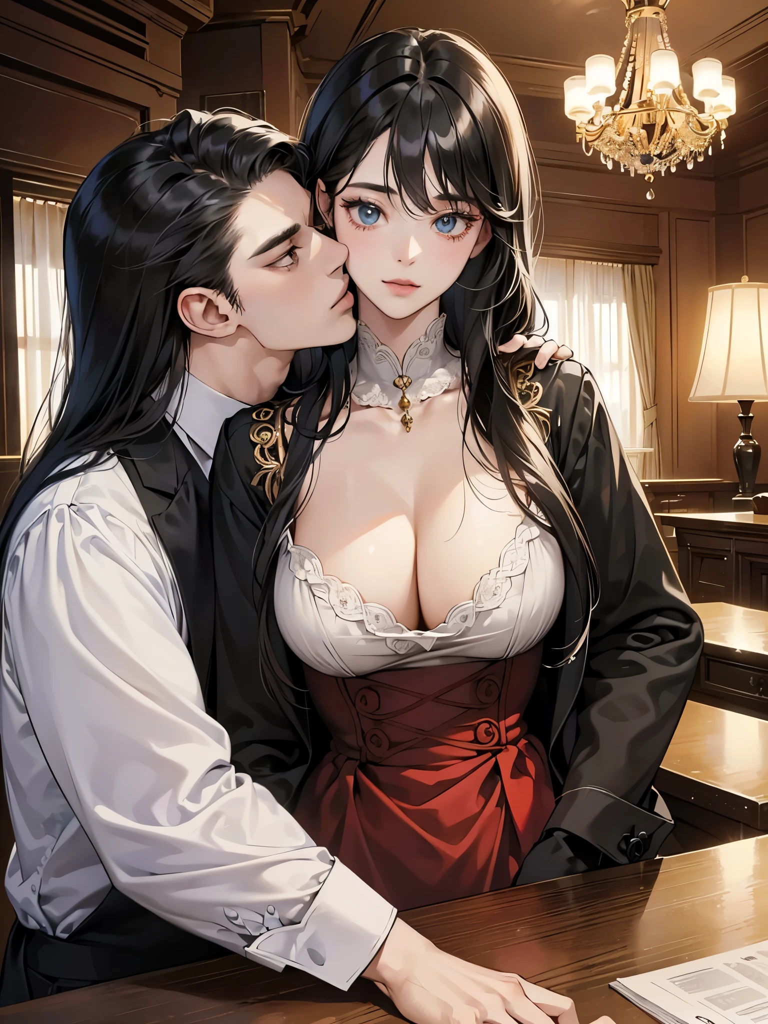 (table top, digital art, digital illustration, 4k, 8k, very detailed, beautiful picture, Sharp picture, realistic, raw photos, perfect face, perfect lines, perfect eyes, soft light) 1 woman, (long black hair,have straight hair,Bullish stare,Beauty,woman in suit,Hard makeup,23 is a novel,Big tits:1.5), (human,human性はスーツ姿,have good muscles,broad, stable shoulders, humanのこ,children's hairstyles,English gentleman style,クールな表情の30代human性,明るい笑顔の28歳human性:1.2),office scene at night,antique furniture,antique clamp,antique chair,Chandeliers,party、lover、couple kissing、kiss、the kiss、antique furniture, stunted, voluptuous , Man hugs woman from behind, sex, fuck, Seduce sex