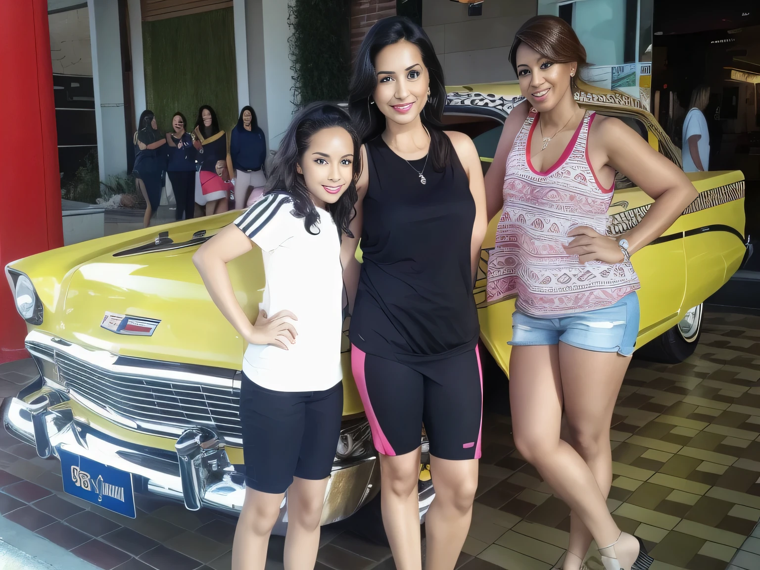 three women next to a yellow car in a building, in front of a lowrider. A woman with tanned white skin and dark hair. She is about 35 years old. Her slightly plump lips are like a delicate flower, her dark brown eyes seem to contain a world of wonders. Slim body. Thin waist. Her body exudes glamor and her face is the definition of beauty. Test, highly realistic, reddish skin, beautiful, soft lips, pink lipstick, smiling, feeling of lightness and joy, hyperrealism, very elaborate skin, direct look. Woman in good physical shape, full body photo, clear photo, high quality, high resolution, masterpiece, 8K.