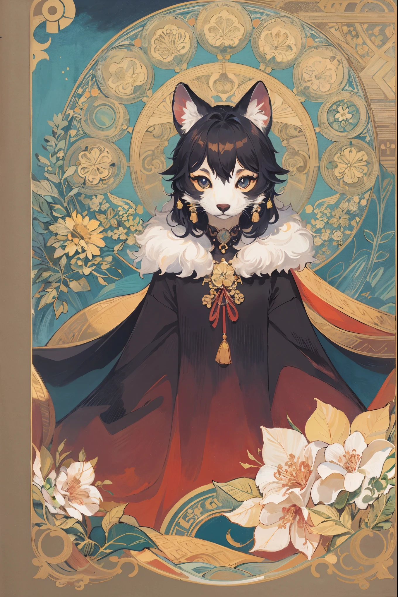 cover page, Perfume poster, kaleidoscope, rzminjourney, vector-art, High-quality illustrations by Alfons Mucha, masterpiece(kemono, furry anthro)logo mark, round, colorful flower,