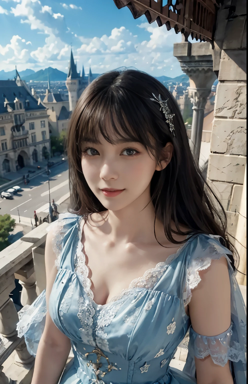 (ultra-realistic realism)、(illustratio)、(A high resolution)、(8K)、(Best Illustration)、(Beautifully detailed eyes)、(top-quality)、(ultra - detailed)、(masterpiece)、(the wallpaper)、(A detailed face)、solo、looking at viewert、A detailed face、pureerosfaceace_V1、A smile、 long hair、46-point diagonal bangs、((Dark lace dress))、((Beautiful woman standing on the balcony of the castle))