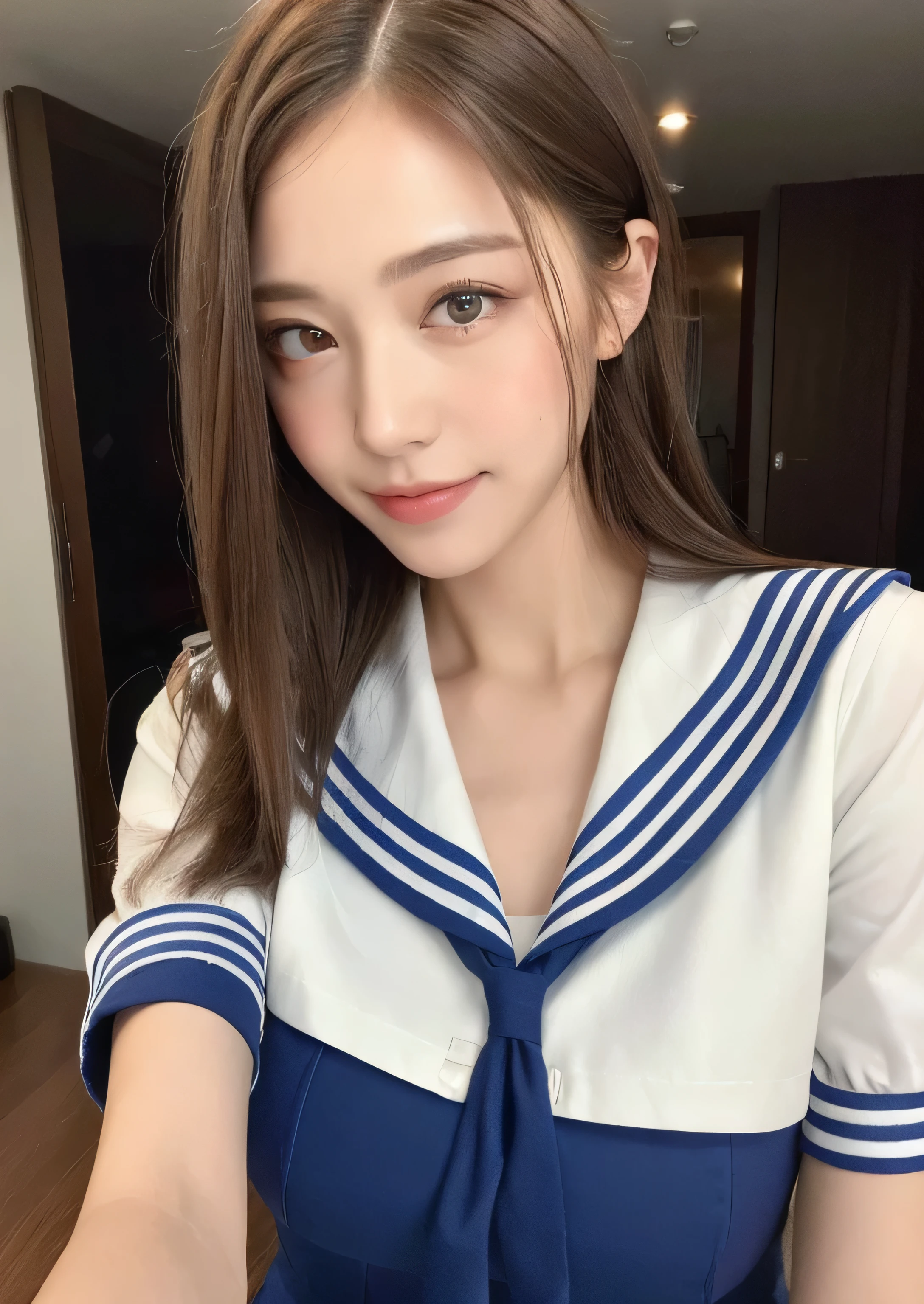 ((highest quality, 8K, masterpiece: 1.3)), 1 girl, The beauty of slim abs: 1.3, (hairstyle casual, big breasts: 1.2), dress: 1.1, super fine face, delicate eyes, double eyelid, smile, Home、sailor suit