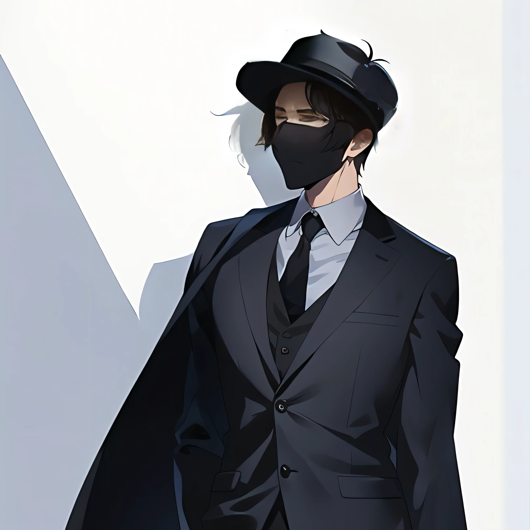A man wearing a suit and a mask is standing, wearing a black aristocratic suit, full body portrait of character, Dark suit, anime style characters, he is wearing a suit, Official character illustration, handsome anime pose, Tall anime guy with blue eyes, in a strict suit, vector shading anime, Produced at Anime Artist Studio, detective clothes、walk around town