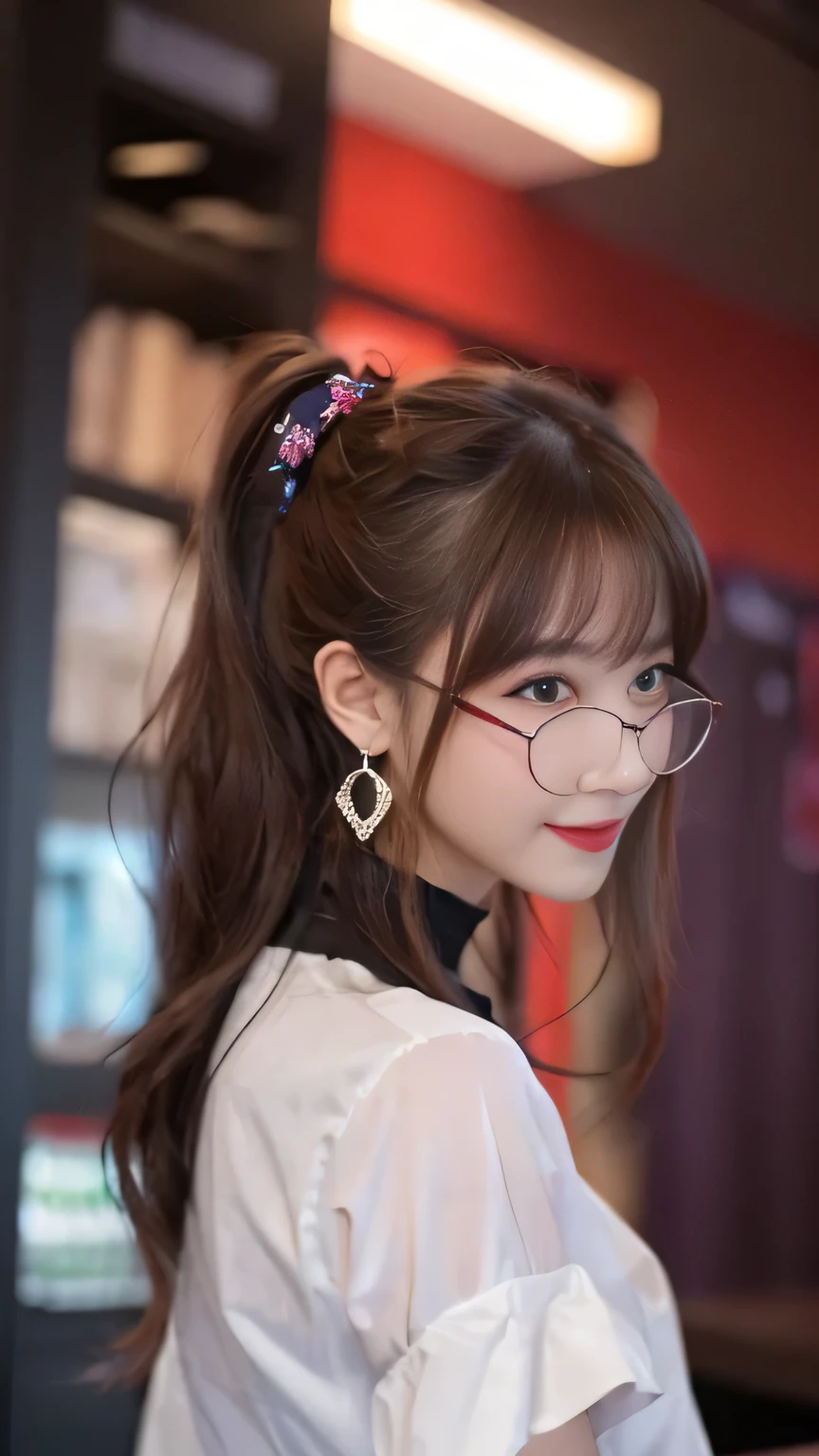 beautiful japanese woman,Photo taken by a professional photographer,Flashy makeup with red eyeshadow,double eyelid,best smile,Delicate brown hair with a short cut and side waves,Large ring earrings,elegant legs,wearing black high heels,long and thin legs, white shirt and super miniskirt, long legs, standing during class, very beautiful slim legs, とても美しいlong and thin legs, sitting at the desk, business services, beautiful feet, good hips and long legs, beautiful feet, surreal high school girl, cleavage,