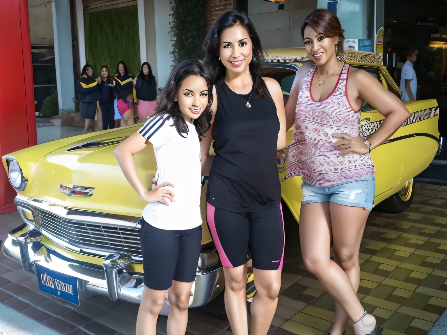 three women next to a yellow car in a building, in front of a lowrider. A woman with tanned white skin and dark hair. She is about 35 years old. Her slightly plump lips are like a delicate flower, her dark brown eyes seem to contain a world of wonders. Slim body. Thin waist. Her body exudes glamor and her face is the definition of beauty. Test, highly realistic, reddish skin, beautiful, soft lips, pink lipstick, smiling, feeling of lightness and joy, hyperrealism, very elaborate skin, direct look. Woman in good physical shape, full body photo, clear photo, high quality, high resolution, masterpiece, 8K.