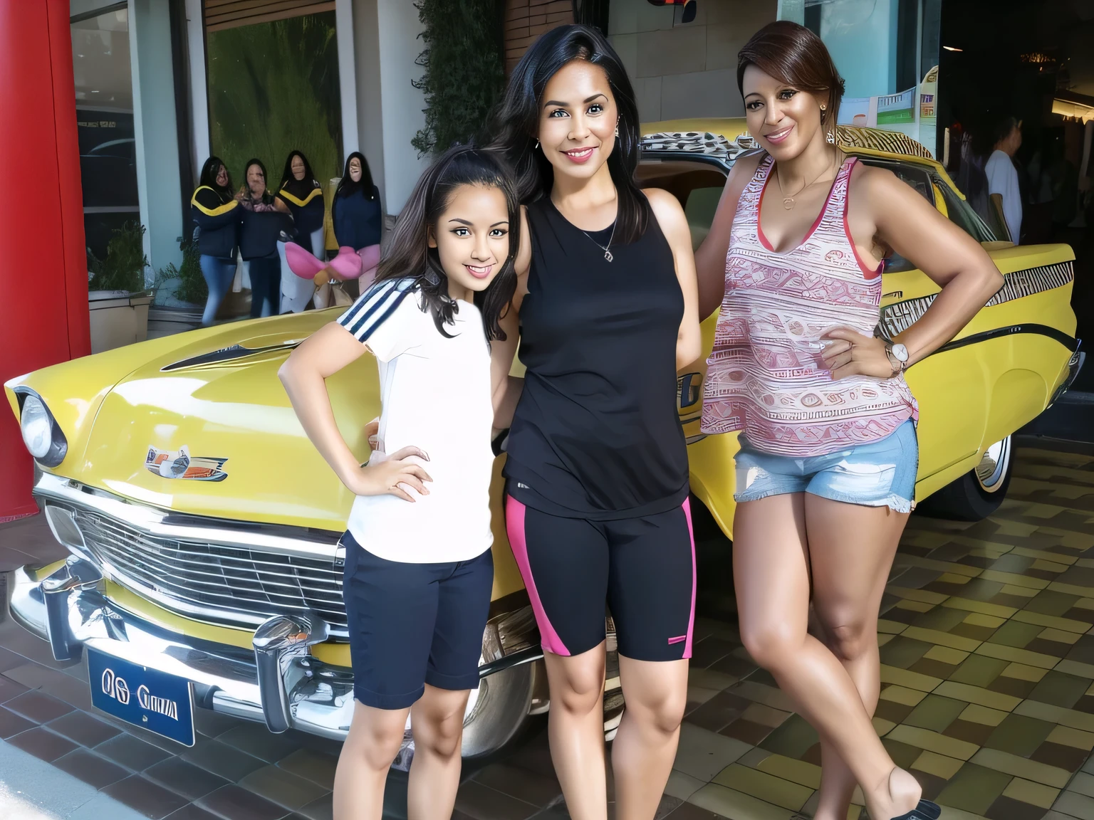 three women next to a yellow car in a building, in front of a lowrider. A woman with tanned white skin and dark hair. She is about 35 years old. Her slightly plump lips are like a delicate flower, her dark brown eyes seem to contain a world of wonders. Slim body. Thin waist. Her body exudes glamor and her face is the definition of beauty. Test, highly realistic, reddish skin, beautiful, soft lips, pink lipstick, smiling, feeling of lightness and joy, hyperrealism, very elaborate skin, direct look. Woman in good physical shape, full body photo, clear photo, high quality, high resolution, masterpiece, 8K.