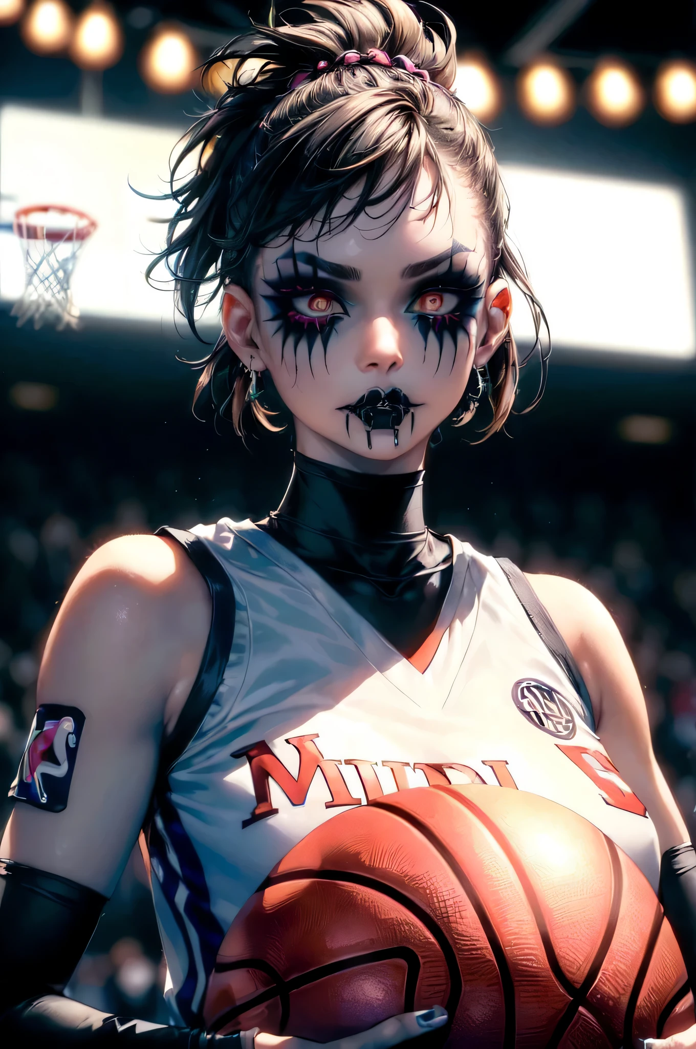 (masterpiece, best quality:1.4), ultra-detailed, soft light, natural lighting, cinematic light, film grain, (depth of field), (1woman, solo:1.4), mature woman, perfect female form, (perfect face, detailed face, glossy lips, eyeliner), short hair, white hair, (natural breasts), (Basketball uniform), ((Goth girl)), ((Punk girl)), (Basketball clothing)), hardcore punk girl, (standing), (((Basketball))), (((Goth makeup))), punk makeup, perfect details, perfect eyes