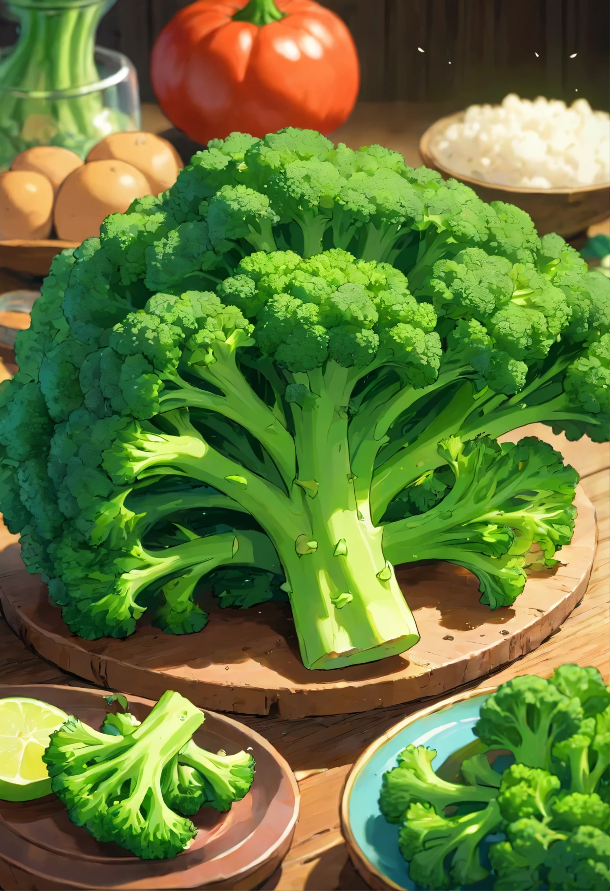 beautifully arranged green broccoli on a table,delicate stems with tender tips,crisp and fresh,artistic presentation,naturally vibrant colors,(best quality,4k,8k,highres,masterpiece:1.2),ultra-detailed,realistic:1.37,close-up details,textured green shoots,studio lighting,subtle shadows,aesthetic appeal,culinary inspiration,wholesome and healthy,