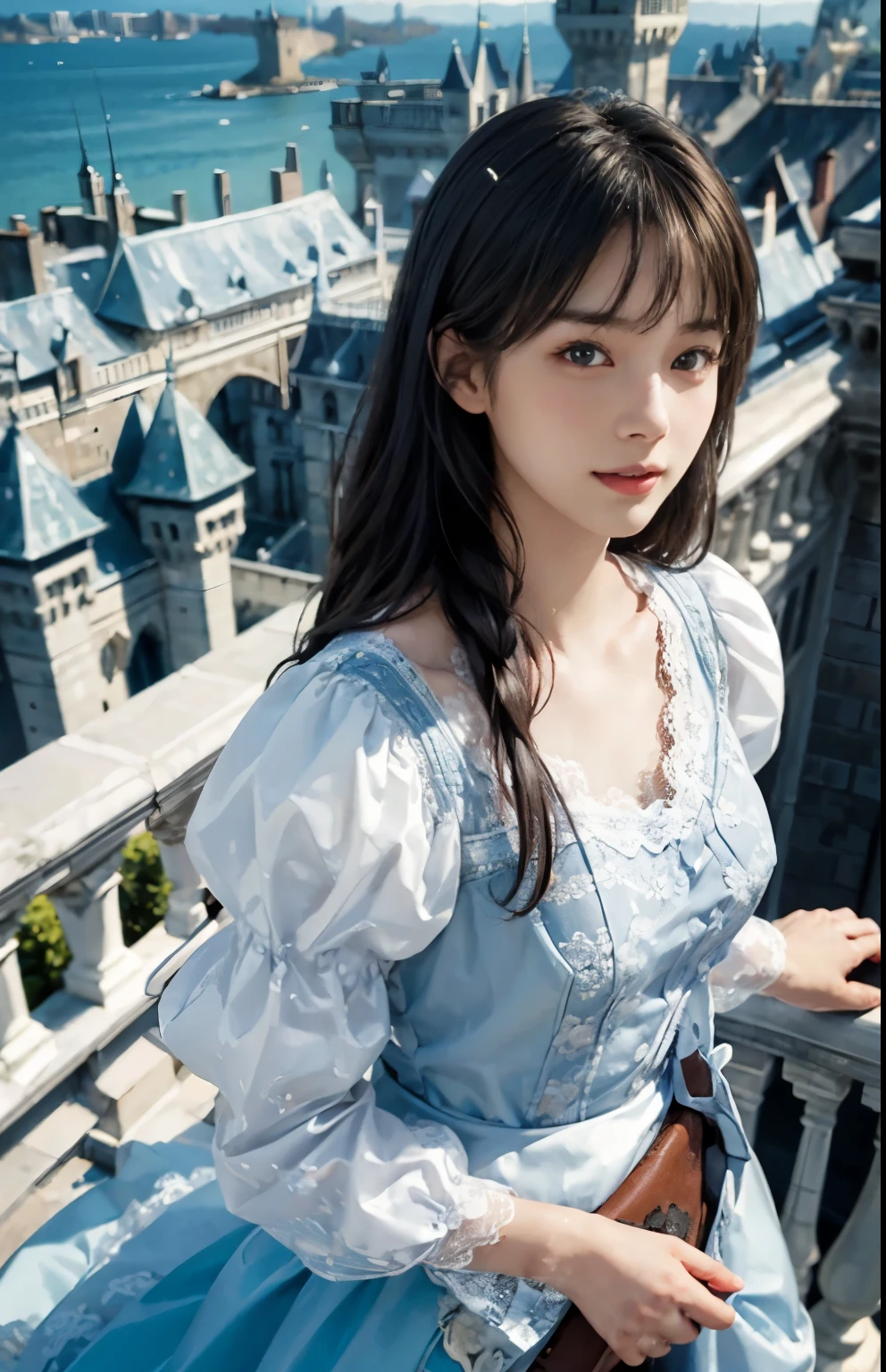 (ultra-realistic realism)、(illustratio)、(A high resolution)、(8K)、(Best Illustration)、(Beautifully detailed eyes)、(top-quality)、(ultra - detailed)、(masterpiece)、(the wallpaper)、(A detailed face)、solo、looking at viewert、A detailed face、pureerosfaceace_V1、A smile、 long hair、46-point diagonal bangs、((White lace dress))、((Beautiful woman standing on the balcony of the castle))