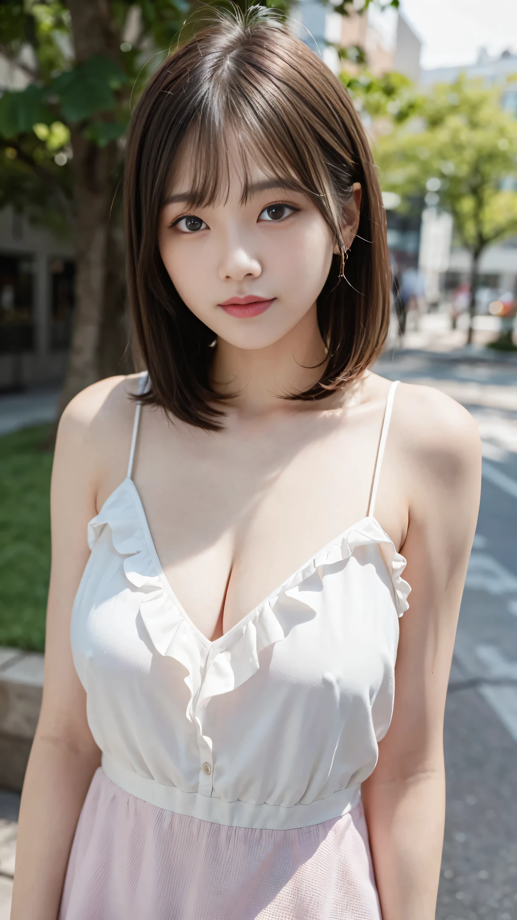 (8K, Raw photo, highest quality, masterpiece:1.2), super detailed, 超High resolution, High resolution,(realistic, photo realistic:1.4),Depth of the bounds written, realistic shadow, caustics, natural shading, photon mapping, fine-grained, perfect concentration,
break
cinematic lighting, soft lighting, HDR, Sigma 24mmF/2.8, ISO400, 1/125 seconds shutter,very delicate and beautiful, very detailed, 8K wallpaper, wonderful, finely, huge file size, very detailed CG, unity 8K wallpaper, official art, perfect artwork, production art,
break
((detailed and beautiful eyes, natural color lip, Soft white skin that shines in every detail, 18-year-old)), 1 girl, alone, blush, Breast augmentation,
break
short hair, pink hair, Fluffy bob cut,
break
eyebrows visible through hair, open your mouth, smile,
break
(ruffle dress:1.3), mini skirt, red bow,
break
looking at viewer,
break
double piece
