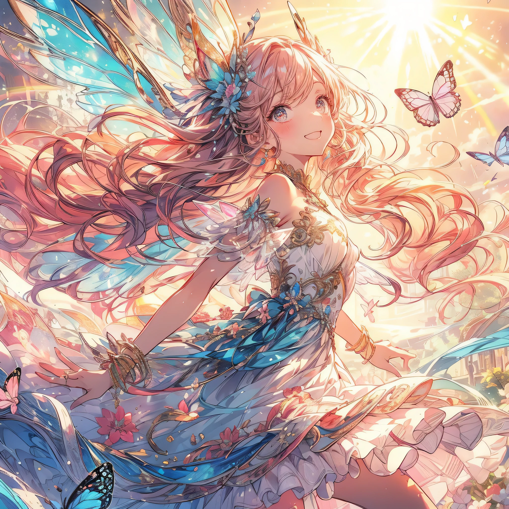 (exquisite, beautiful, very detailed, masterpiece, high quality, confused, High resolution, Full HD, Detailed background of writing,beautiful hands), (thin line:1.2,soft lines:1.2,beautiful and delicate face),(fairy princess,Has butterfly-like fairy wings.),(sun,daytime,beautiful sky,rainbow,sunの下で元気に踊る),((super wide shot,Ultra wide angle of view,whole body)), ((fun,smile,full of energy)), (medium hair:1.5), (dancer'hair ornaments,earrings,beautifulチョーカー,Gold ankles),((dancer dress,pastel colour,Fairy wings from the back)),(deep pink cheeks,plump pink lips,big bust,Fair skin, good style), (sunの光,pastel colour,bright atmosphere,colorful,highly saturated,fantasy),