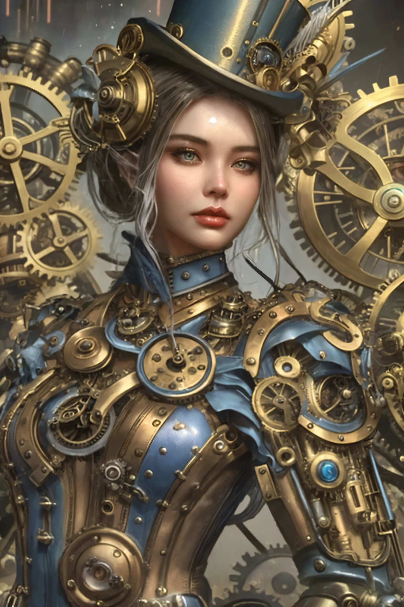 there is a woman in a steam punk outfit with a top hat, portrait of a mechanical girl, steampunk digital art, steampunk beautiful anime woman, a steampunk beautiful goddess, digital steampunk art, cyber steampunk 8 k 3 d, steampunk girl, clockwork woman, young girl in steampunk clothes, steampunk fantasy style, karol bak uhd, steampunk inventor girl, cyborg noble woman