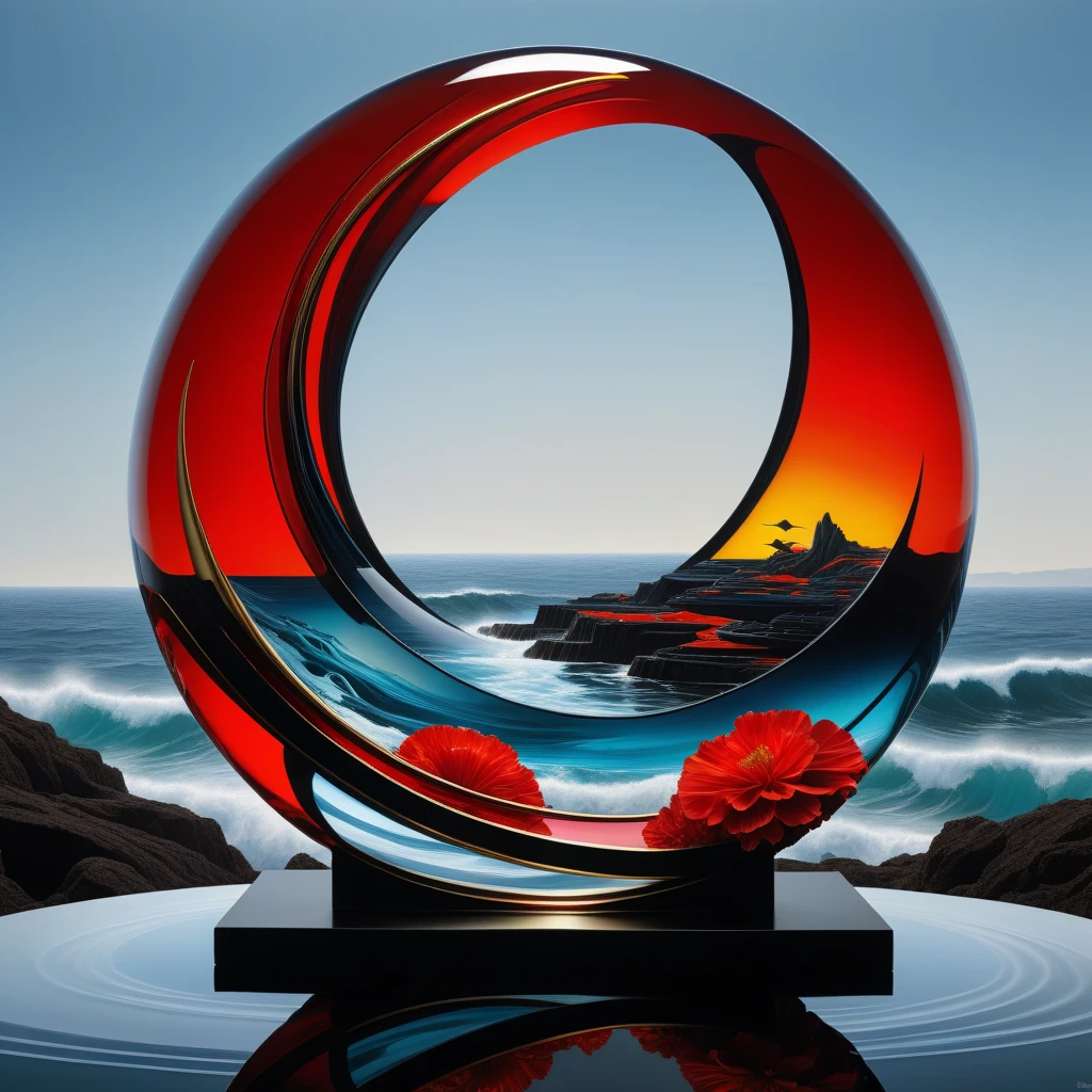 Hyperrealistic digital painting of a majestic glass sculpture by the sea, embodying "Love conquers depression, " incorporates vivid hues of red within glass, contrast of black, intricate gold and platinum wire work, backdrop of Simon Berger's post-apocalyptic essence and Dale Chihuly's fluidity, absent background, replaced with a tempestuous ocean, incorporates Mike Davis' dark sci-fi and Xue Wang', composed with the impeccable balance of Jacob Lawrence and the abstract dynamism of Francis Picabia. The background of the glass table stands by the stormy sea. High Quality, Masterpiece. best quality, masterpiece, super detail