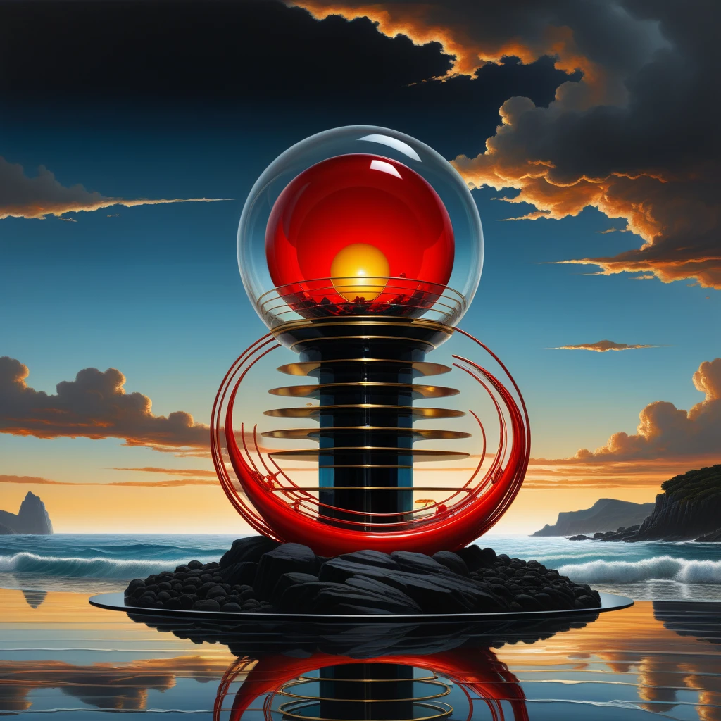 Hyperrealistic digital painting of a majestic glass sculpture by the sea, embodying "Love conquers depression, " incorporates vivid hues of red within glass, contrast of black, intricate gold and platinum wire work, backdrop of Simon Berger's post-apocalyptic essence and Dale Chihuly's fluidity, absent background, replaced with a tempestuous ocean, incorporates Mike Davis' dark sci-fi and Xue Wang', composed with the impeccable balance of Jacob Lawrence and the abstract dynamism of Francis Picabia. The background of the glass table stands by the stormy sea. High Quality, Masterpiece. best quality, masterpiece, super detail