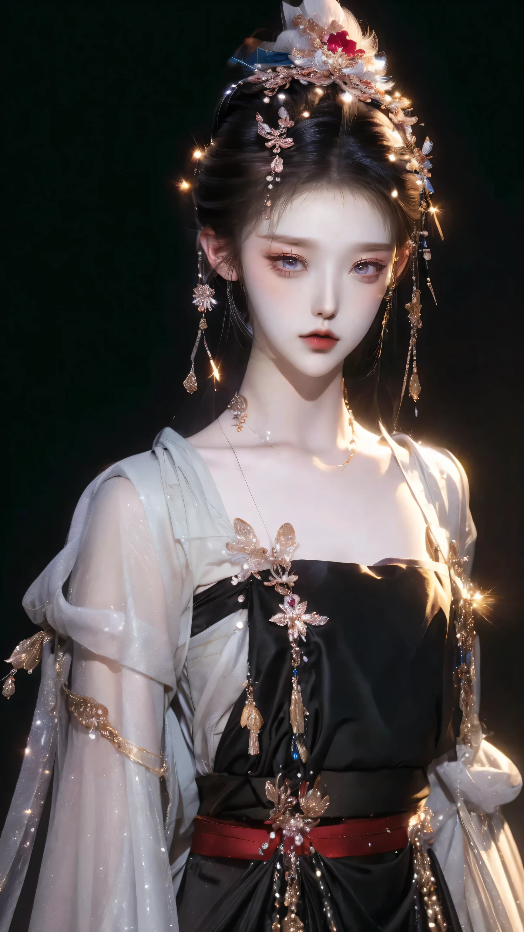 （（full body pictures）），（best quality，masterpiece：1.2），ultra high resolution，realistically，front lighting，intricate details，Exquisite details and textures，（1 girl），alone，luster，black hanfu，好漂亮的big eyes，(black skirt），Petal decoration，pretty face，facing the audience，come on ribbon，gossamer，crape，（young），facial highlights，Detailed production，tear nevus，White skin，silver hair，high ponytail，looking at the audience，big eyes，（hollow pattern），ear nipple ring，fit，White background，right hand，shoe，leg，professional lighting，photon mapping，radio city，Physically based rendering，8K
