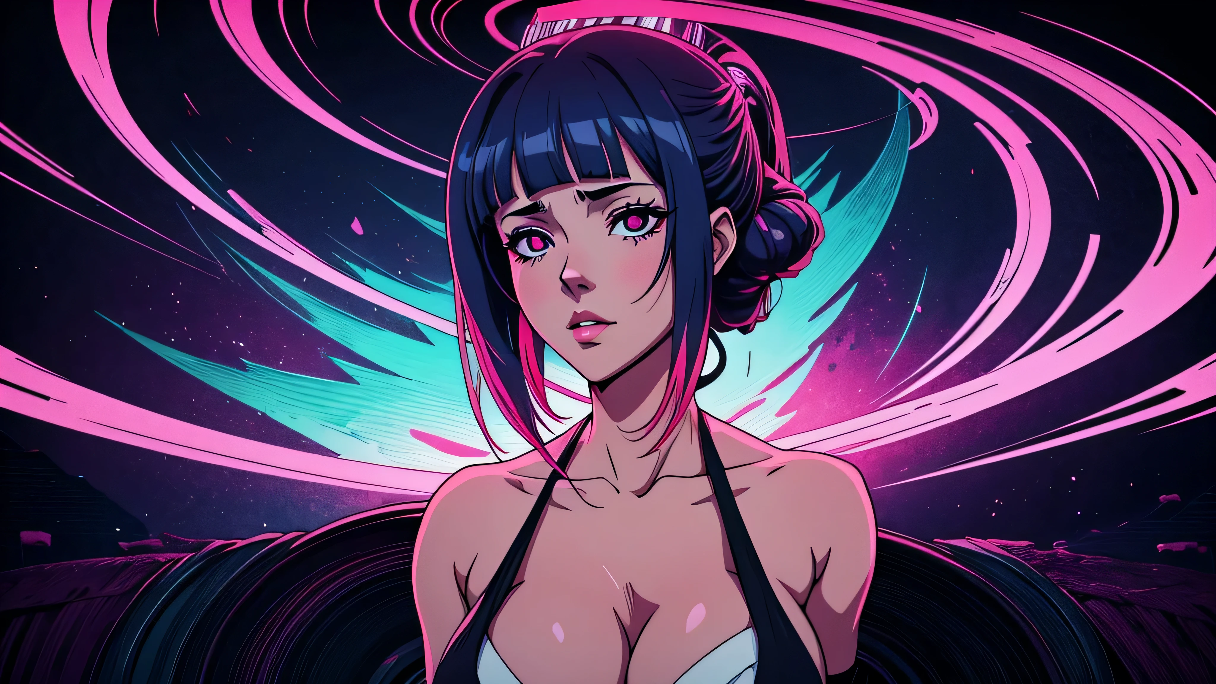 garota de anime, mostrando corpo inteiro, ta, sensual, Capa do álbum Anime Phonk Brain Sick, musica, ondas sonoras, com cores vermelho e preto neon