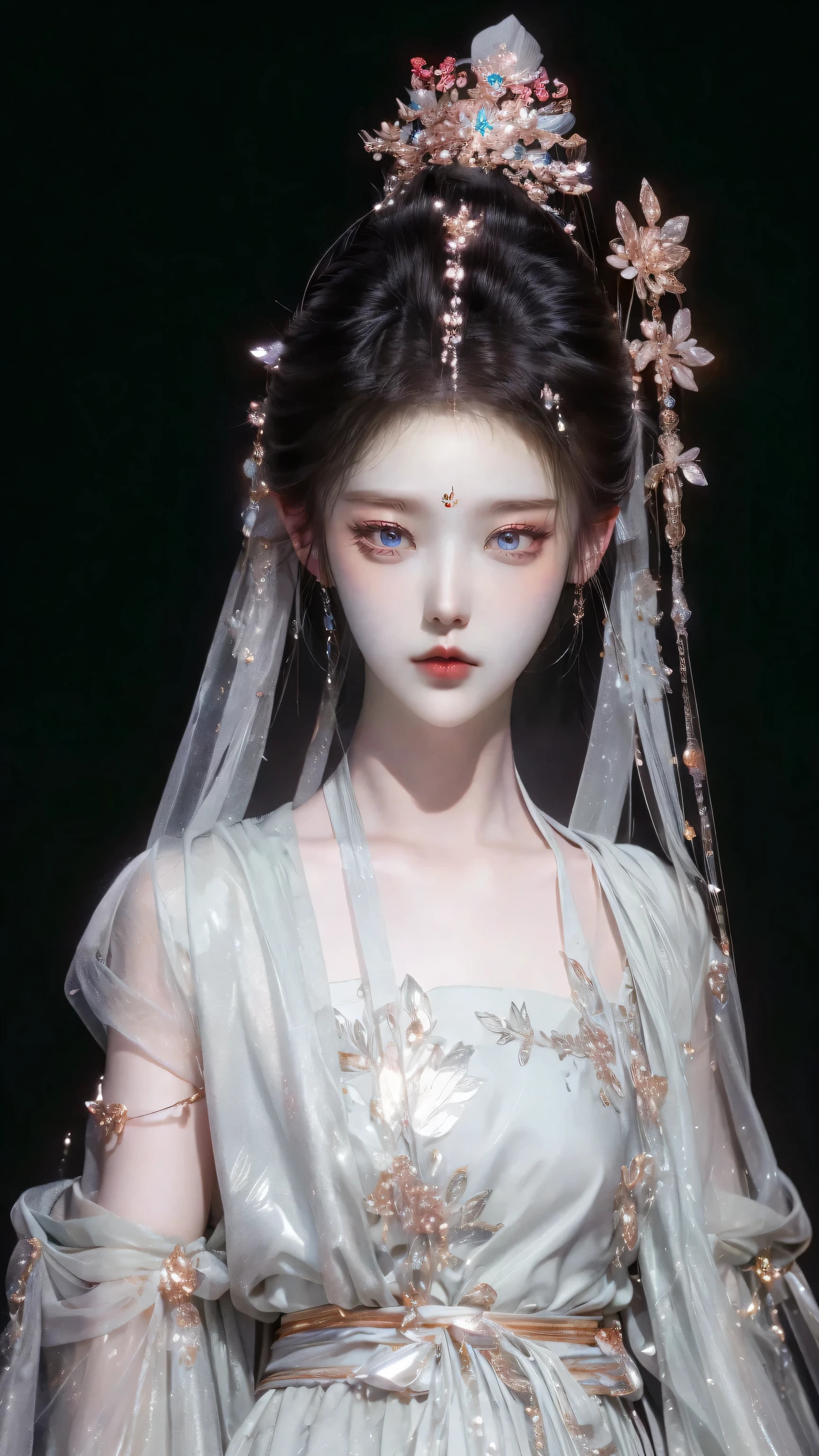 （（full body pictures）），（best quality，masterpiece：1.2），ultra high resolution，realistically，front lighting，intricate details，Exquisite details and textures，（1 girl），alone，luster，black hanfu，好漂亮的big eyes，(black skirt），Petal decoration，pretty face，facing the audience，come on ribbon，gossamer，crape，（young），facial highlights，Detailed production，tear nevus，White skin，silver hair，high ponytail，looking at the audience，big eyes，（hollow pattern），ear nipple ring，fit，White background，right hand，shoe，leg，professional lighting，photon mapping，radio city，Physically based rendering，8K
