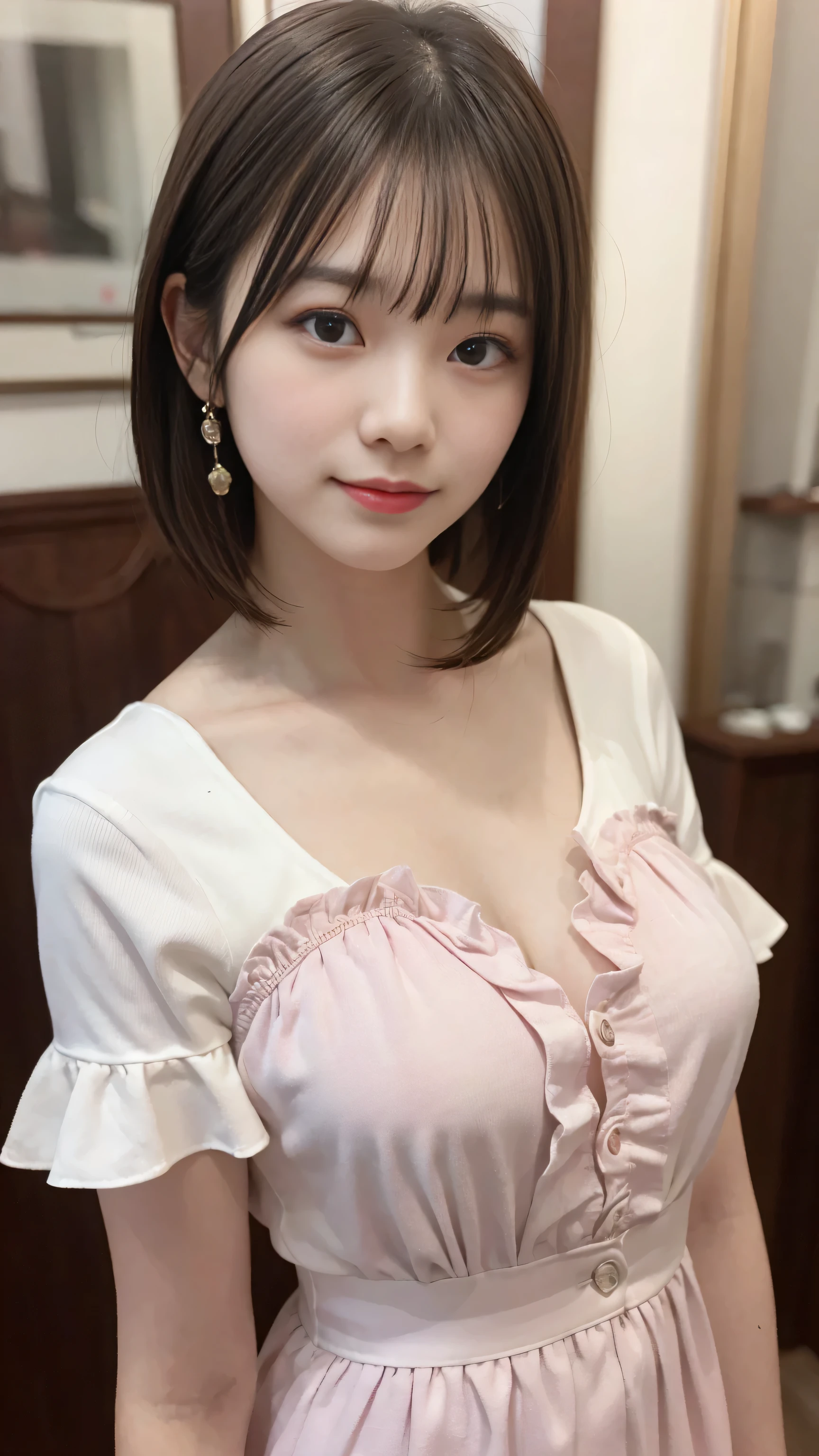 (8K, Raw photo, highest quality, masterpiece:1.2), super detailed, 超High resolution, High resolution,(realistic, photo realistic:1.4),Depth of the bounds written, realistic shadow, caustics, natural shading, photon mapping, fine-grained, perfect concentration,
break
cinematic lighting, soft lighting, HDR, Sigma 24mmF/2.8, ISO400, 1/125 seconds shutter,very delicate and beautiful, very detailed, 8K wallpaper, wonderful, finely, huge file size, very detailed CG, unity 8K wallpaper, official art, perfect artwork, production art,
break
((detailed and beautiful eyes, natural color lip, Soft white skin that shines in every detail, 18-year-old)), 1 girl, alone, blush, Breast augmentation,
break
short hair, pink hair, Fluffy bob cut,
break
eyebrows visible through hair, open your mouth, smile,
break
(ruffle dress:1.3), mini skirt, red bow,
break
looking at viewer,
break
double piece