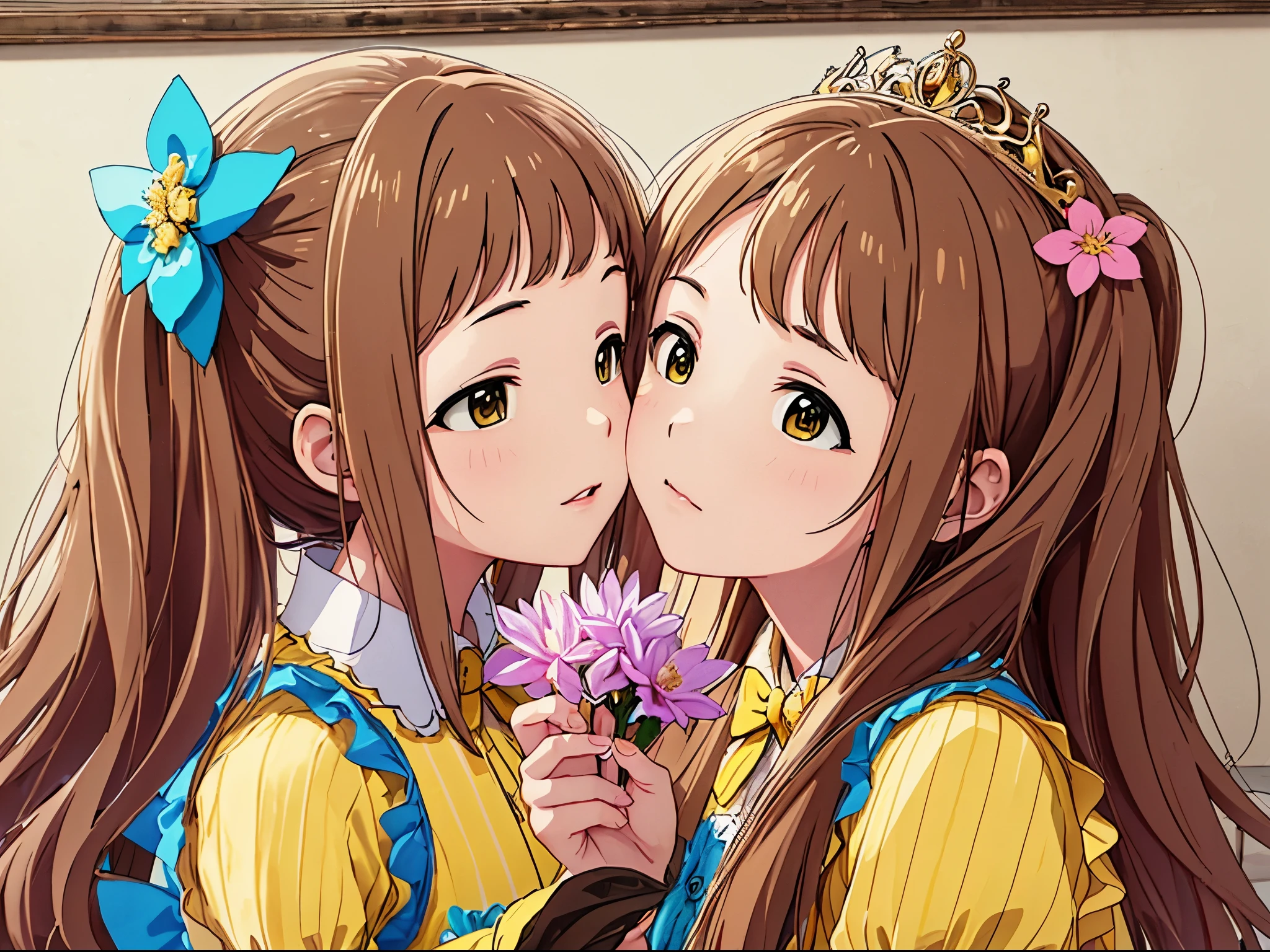 (Best Picture Quality, 4K, High Quality, Masterpiece:1.2), ((Masterpiece)), High Detail, High Quality, (HDR,16k, RAW Beautiful Girl Portrait, Best Picture Quality, Masterpiece:1.2), (Ultra-Definition Illustration), nsfw, idolmaster, idol costume, young teen, spotlight, lesbian, two women are kissing each other in a dark room, portrait of two girls kissing, kissing together cutely, lesbian kiss, nsfw, extremely cute, brown hair color, twintail hair, sleeveless, detached sleeves, (yellow & blue frilled dress with flower stitches:1.3), tiara