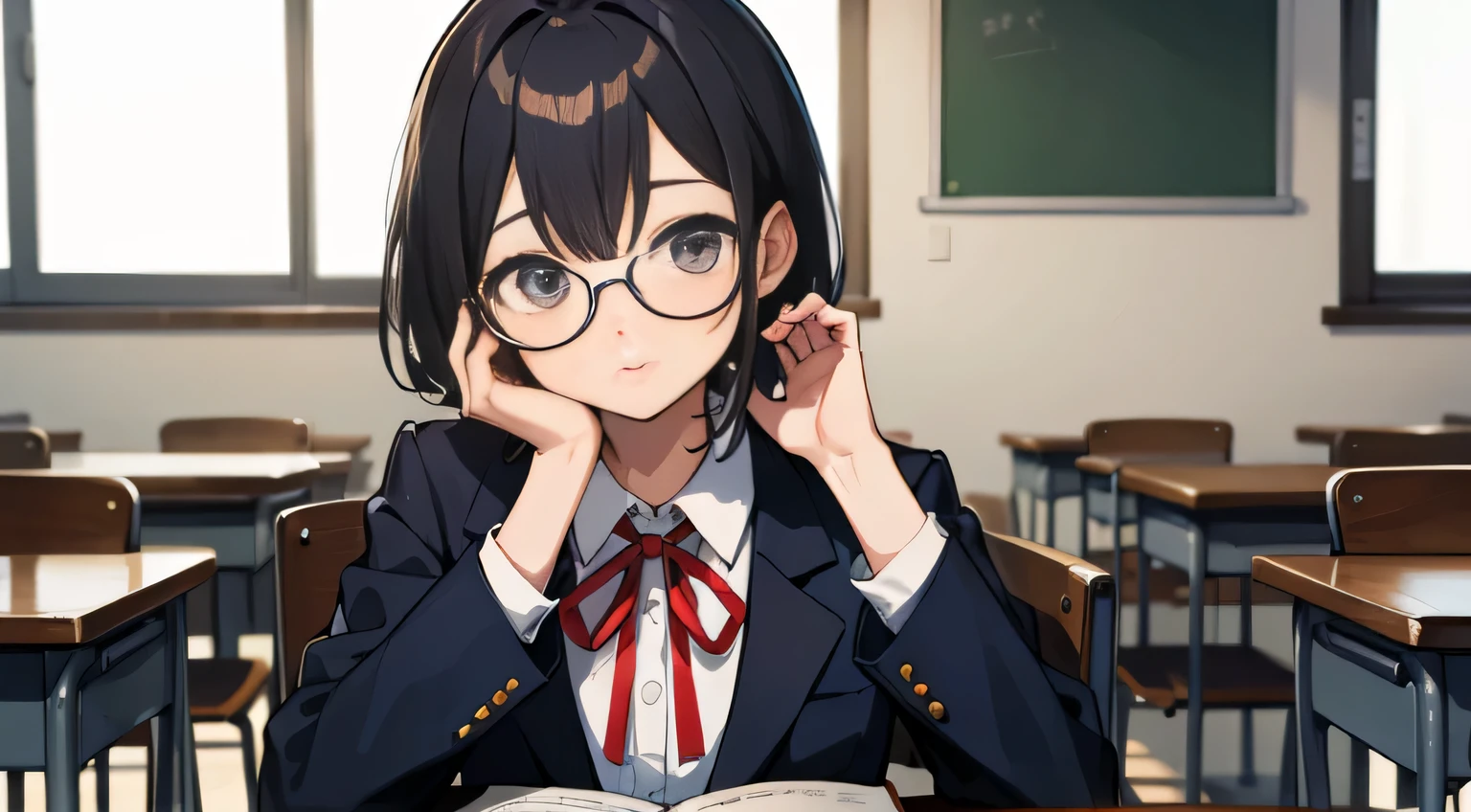 ((masterpiece, highest quality)),school classroom、sitting、touch glasses with one hand, 1 girl,blazer(ネイビーブルーのblazer、white blouse、red ribbon、navy blue skirt),short bob,straight hair,black hair,I&#39;Iは元気です,bright,kind,cute face,main character&#39;childhood friend of,wear glasses(black rim boston glasses)