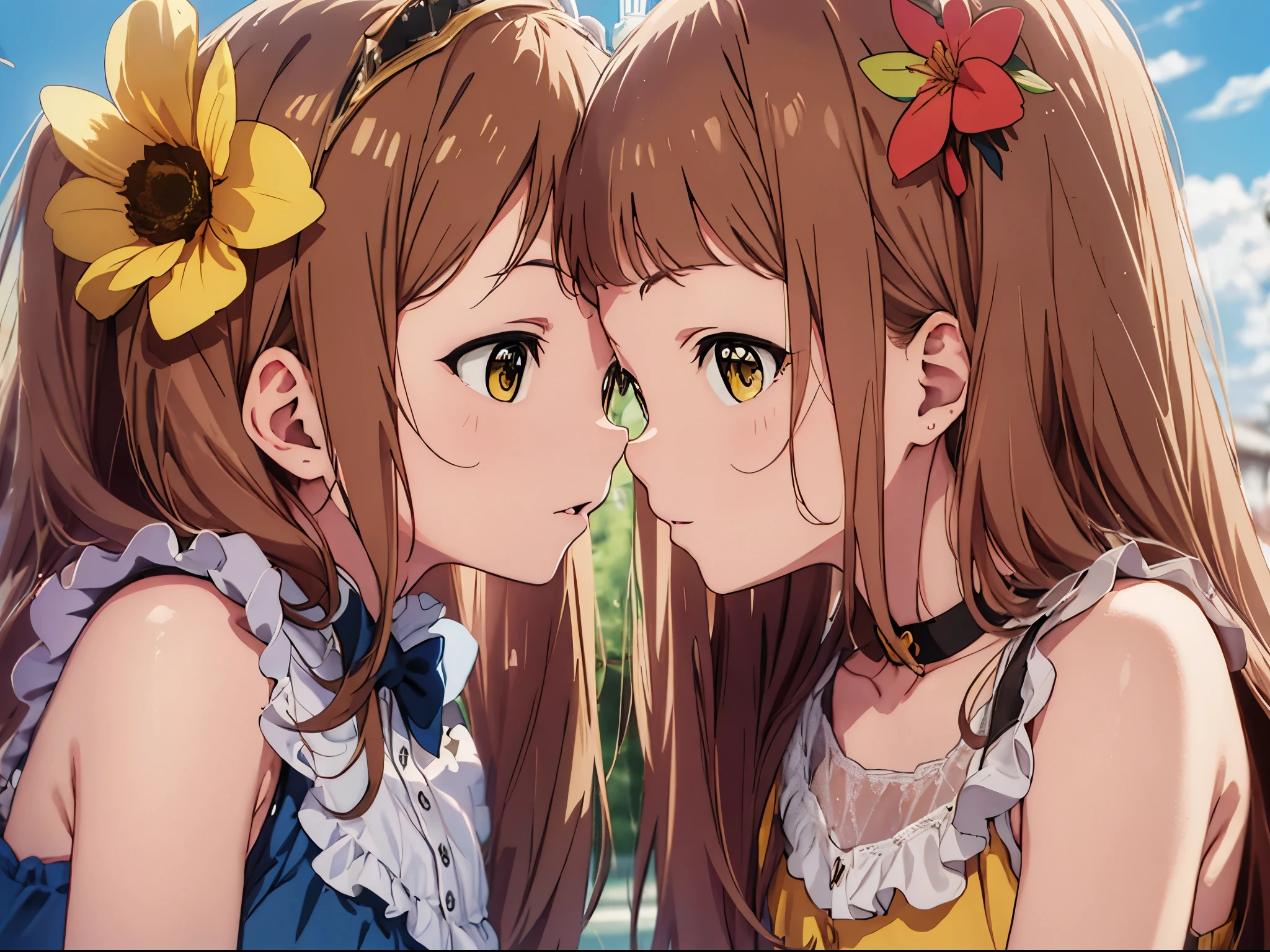 (Best Picture Quality, 4K, High Quality, Masterpiece:1.2), ((Masterpiece)), High Detail, High Quality, (HDR,16k, RAW Beautiful Girl Portrait, Best Picture Quality, Masterpiece:1.2), (Ultra-Definition Illustration), nsfw, idolmaster, idol costume, young teen, spotlight, lesbian, two women are kissing each other in a dark room, portrait of two girls kissing, kissing together cutely, lesbian kiss, nsfw, extremely cute, brown hair color, twintail hair, sleeveless, detached sleeves, (yellow & blue frilled dress with flower stitches:1.3), tiara