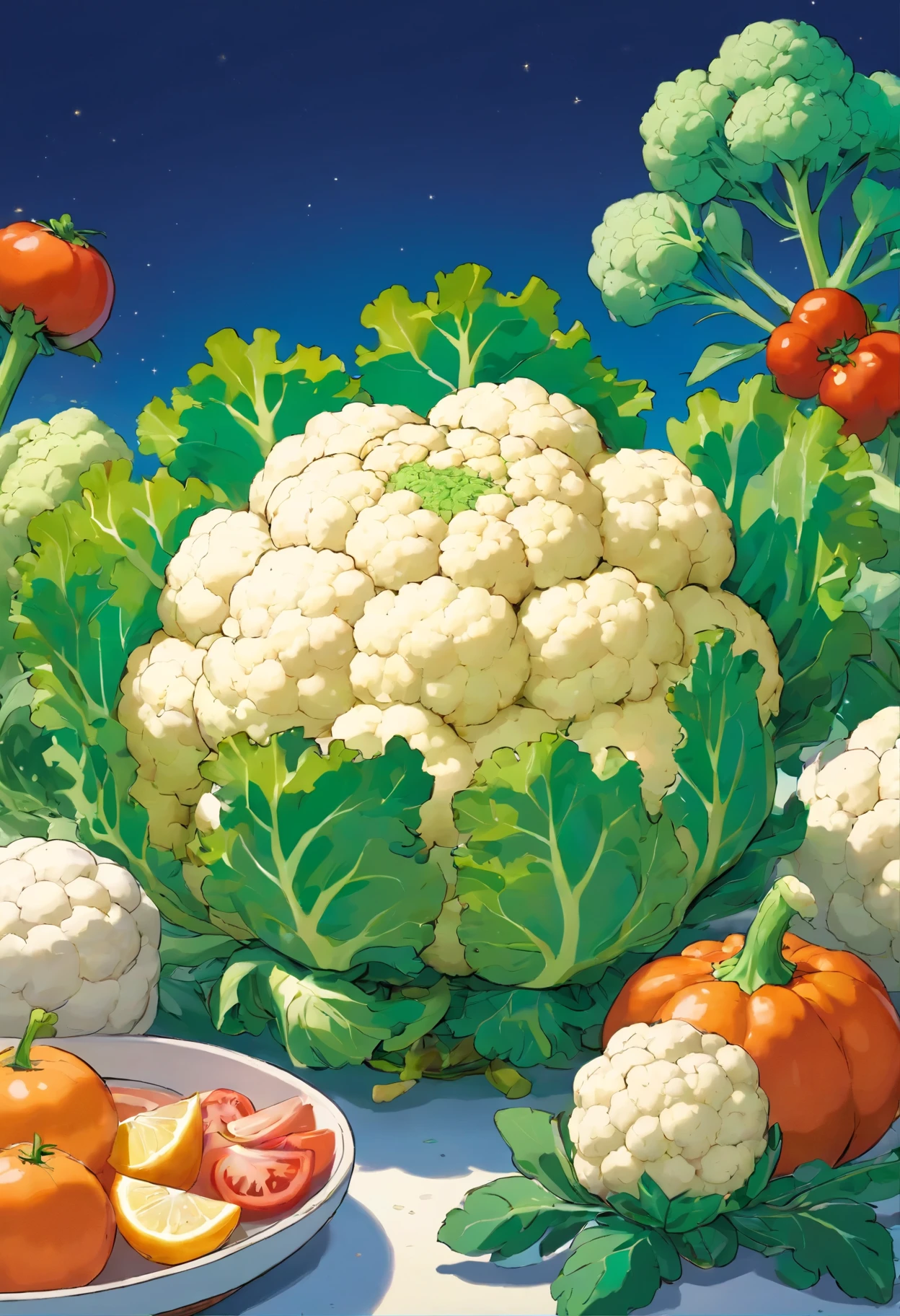 beautifully arranged cauliflower on a table,delicate stems with tender tips,crisp and fresh,artistic presentation,naturally vibrant colors,(best quality,4k,8k,highres,masterpiece:1.2),ultra-detailed,realistic:1.37,close-up details,textured green shoots,studio lighting,subtle shadows,aesthetic appeal,culinary inspiration,wholesome and healthy,