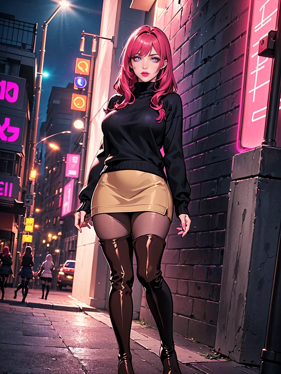 ((solo, 1woman, TakashiroHiroko, dark purple eyes, red hair, pink lipstick, Extremely detailed, ambient soft lighting, 4k, perfect eyes, a perfect face, perfect lighting, a 1girl)), ((solo, (1woman, pink lipstick), Extremely detailed, ambient soft lighting, 4k, perfect eyes, a perfect face, perfect lighting, a 1girl)), (((black sweater, women's knit sweater, long-sleeved sweater, black knit sweater), plaid skirt, (beige skirt, short plaid skirt), ((black boots, black thighhighs, mole, high heels, ((thigh boots)), high heel boots)), thigh and beige skirt, high boots, sexy look, wearing beige skirt, sexy clothes, in the city, monument, modern sculpture, Bella Poarca, Bela Vista, with neon lights, (pantyhose), boots above knee, night, lighting))