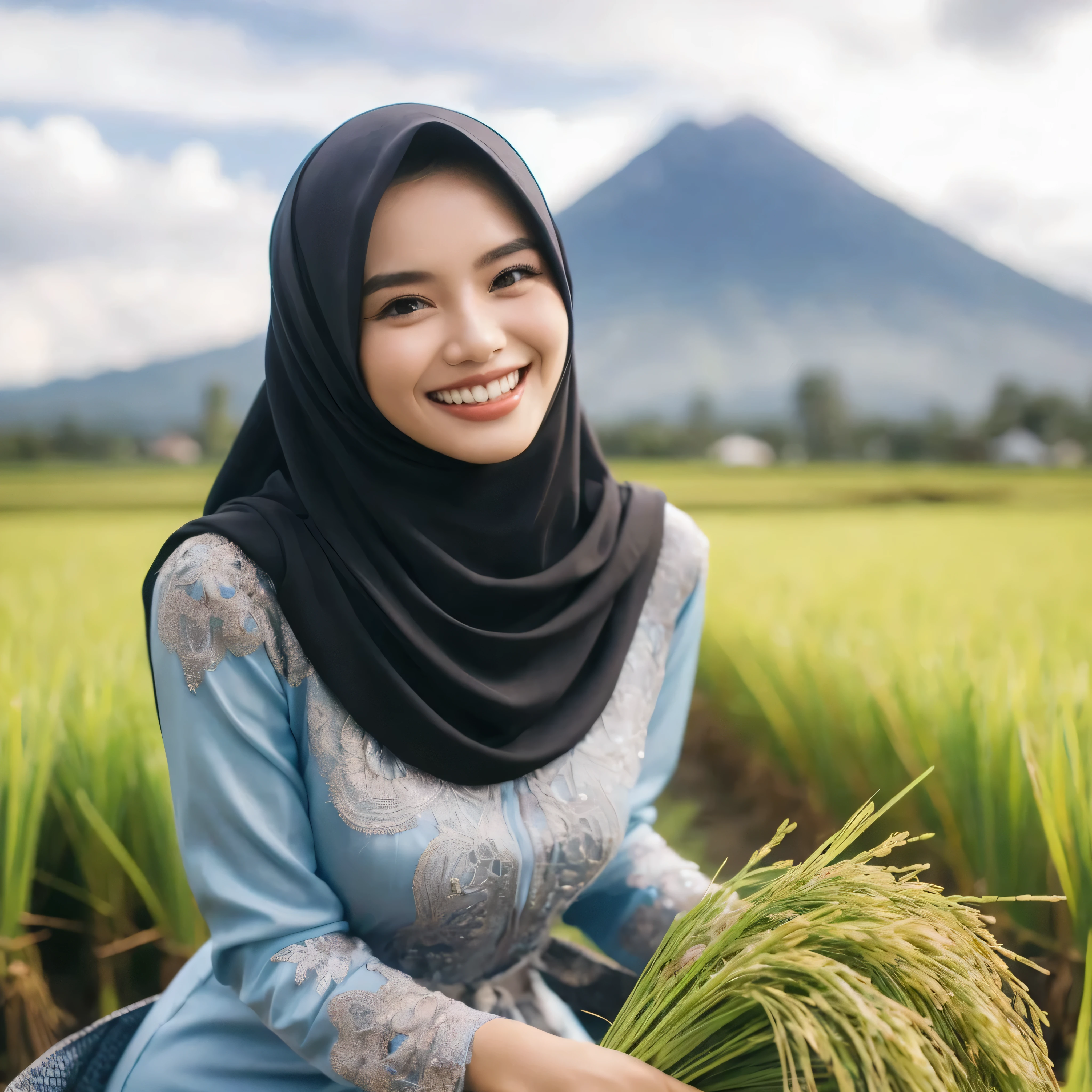 smiling woman in a blue dress holding a bundle of rice, beautiful and smiling, with a beautifull smile, malaysia with a paddy field, malaysian, an asian woman, portrait shot, beautiful smile, high quality portrait, asian woman, beautiful oriental woman, a young asian woman, cute woman, indonesia, mid shot portrait, with a happy expression, beautiful image