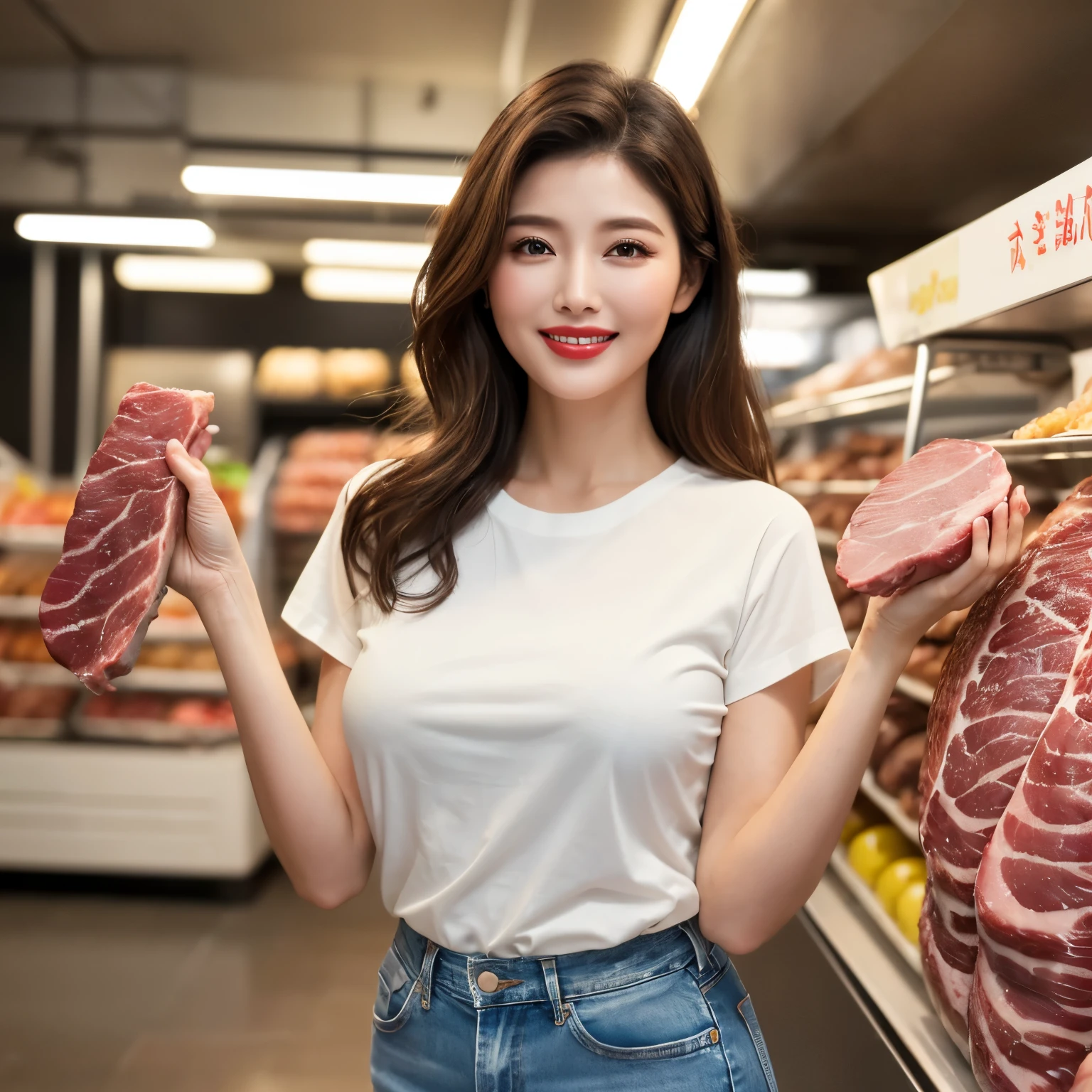 (highest quality、masterpiece、8K、best image quality、hyper realism、Award-winning work)、(1 45 year old mature woman:1.2)、(45 year old mature woman:1.2)、(wrinkled face:1.1)、(slender body:1.1)、(big breasts:1.1)、The most elegant long wavy hair、(emphasize body line:1.1)、(tight plain white t-shirt:1.2)、(Damaged Denim Shorts:1.1)、(standing elegantly:1.2)、(Meat specialty store:1.1)、(blurred background:1.1)、The most natural and perfect meat specialty store、meat is sold in large quantities、The most natural interior, perfectly organized、Product shelves lined with a large amount of meat、A lot of meat lumps are lined up、(Beautiful skin that shines very brightly:1.4)、(very bright:1.4)、walk gracefully down the aisle、the best smile when you look at me、upper body photo、accurate anatomy、big breasts、emphasize body line、perfect makeup、long eyelashes、bright lipstick、beautiful glossy lips、Ultra high definition glossy skin、Super high-definition glowing beautiful skin、ultra high resolution glossy lips、(Super high definition beautiful teeth:1.1)