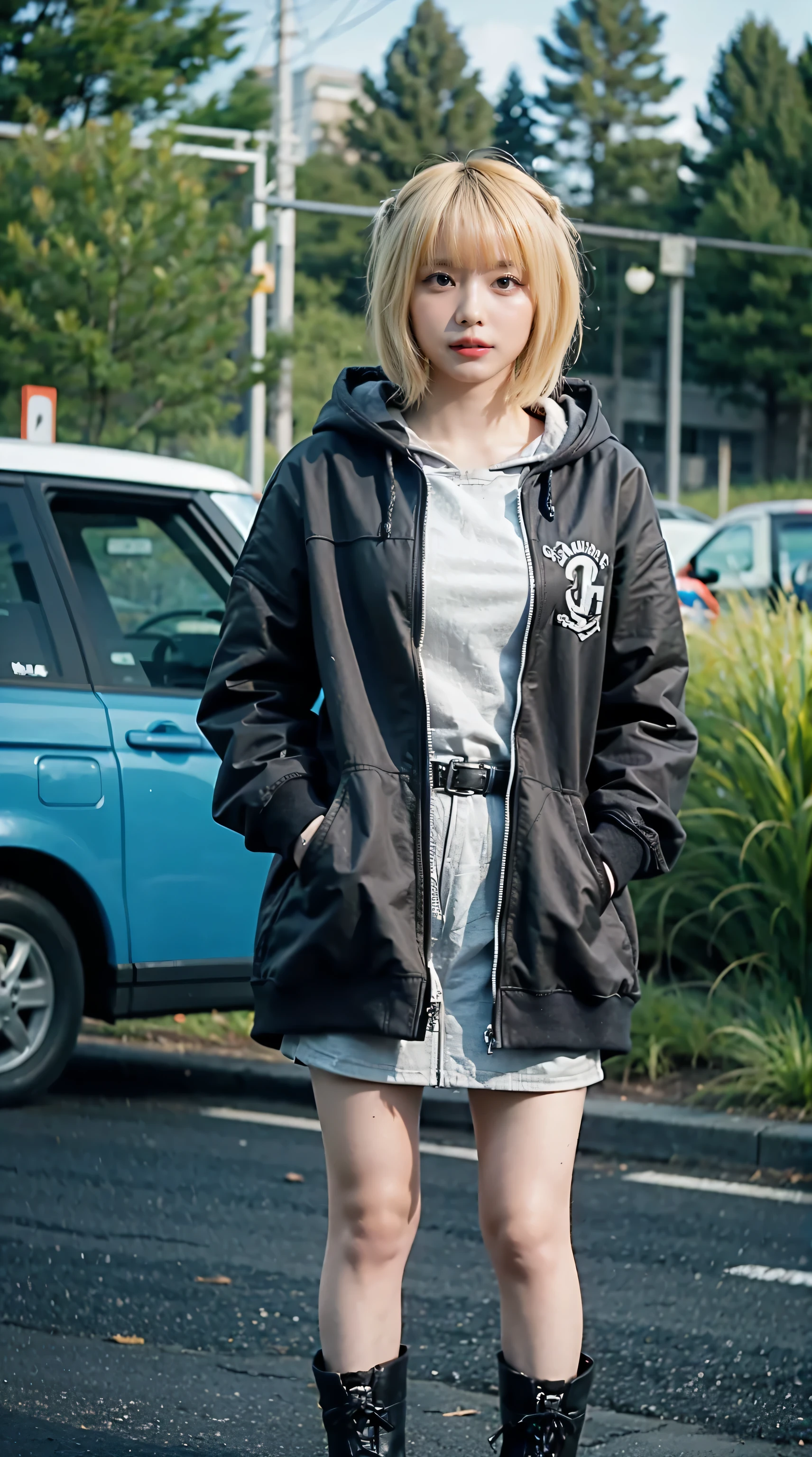 (8K、Raw photo、highest quality、masterpiece:1.2)、(realistic、Photoreal)、1 girl、((checked mini skirt、hoodie、boots、I can see your feet、belt、big breasts、Seen from the front、stand with legs apart、garden)、lots of eyelashes、Glitter on your eyelids、skeletally correct、smile、standing with hands on hips、