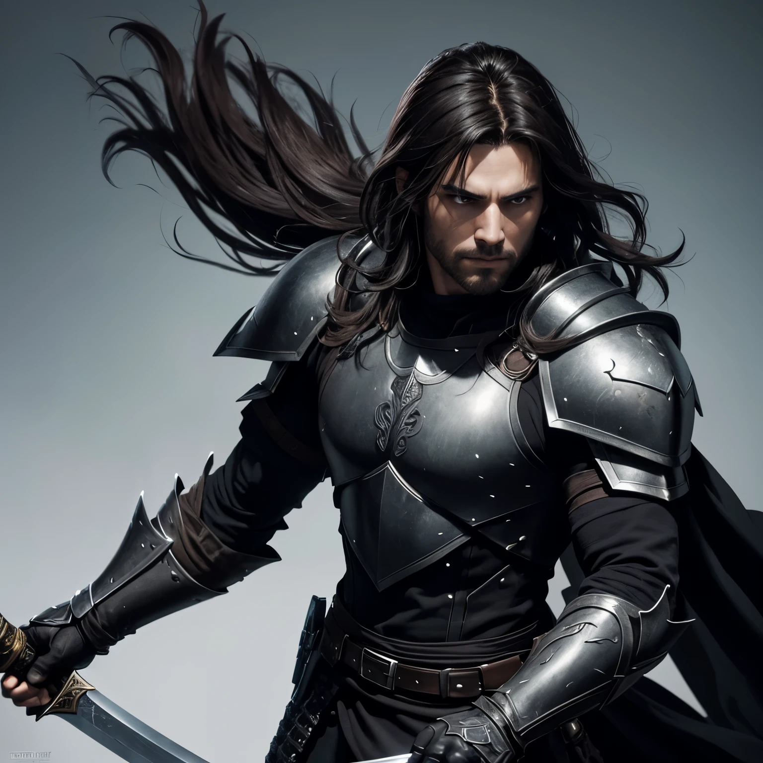 8K,A man in jet black armor holding a sword, blank white background,Demon slayer wearing jet black armor, disheveled brown hair,Super handsome,Graphic Artist ,epic exquisite character art, 超A high resolution,super realistic skin,Fantasyart,Look at viewers,