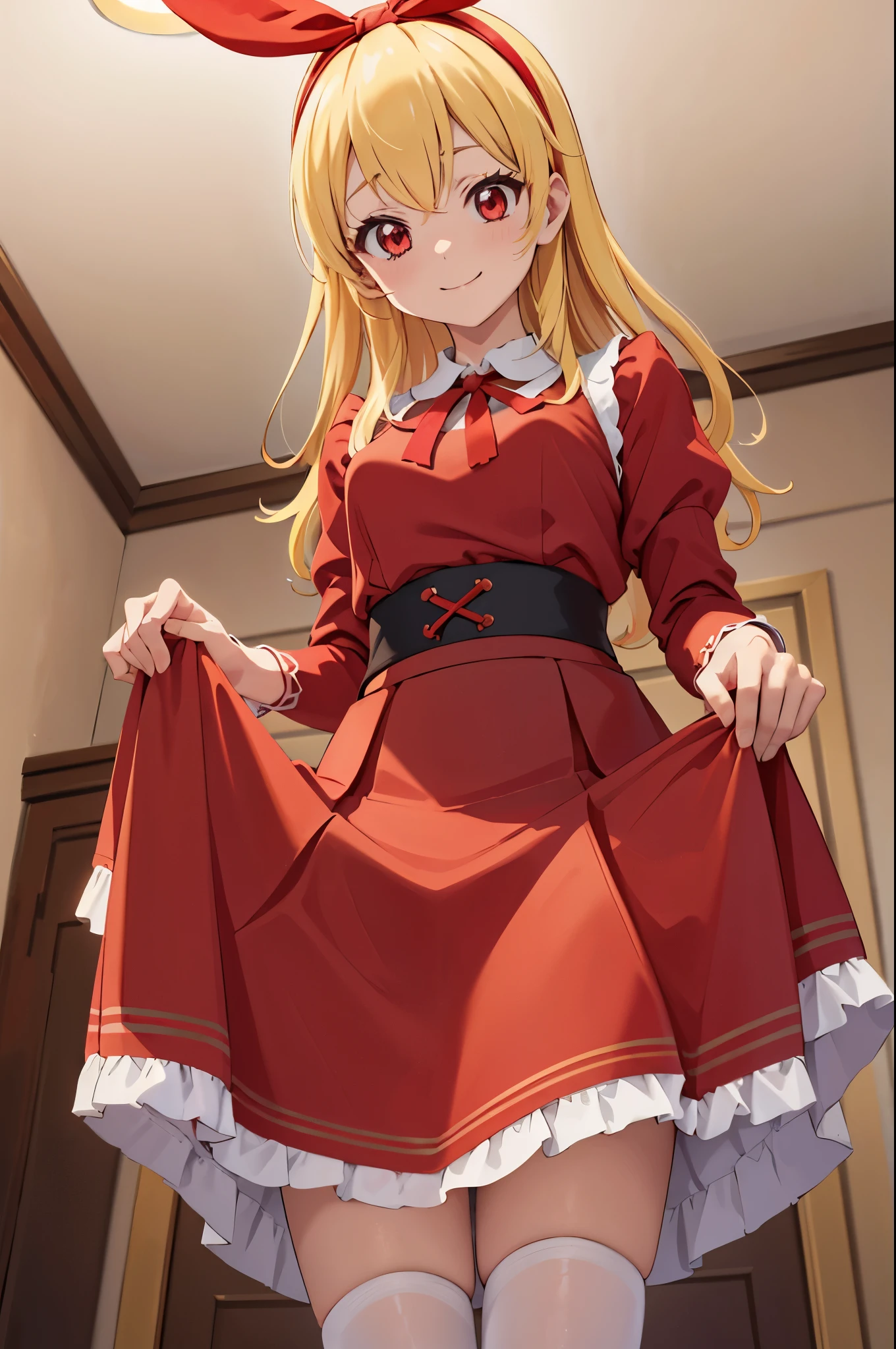 (red ribbon on hairband:1.2),NSFW, 1 girl, Blonde HAIR,(masutepiece), Best Quality, High resolution, Highly detailed, Detailed background, Perfect Lighting, Indoor, 1girl in, , Looking at Viewer, , Maid Uniform, Adorable smile, ,((((skirt lift)))),((red color panty)),(pointy_panty,from below),