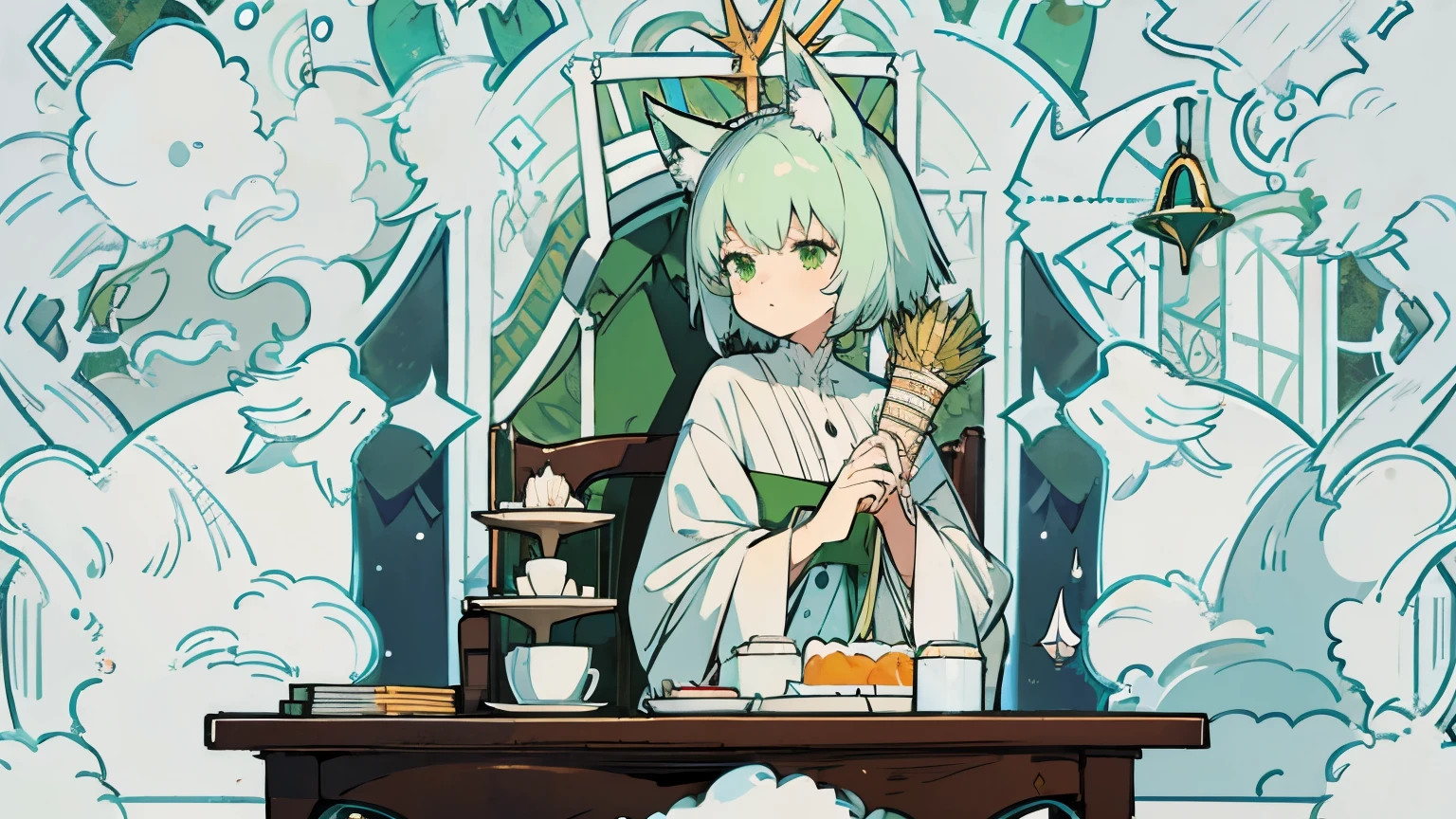 masterpiece, highest quality,Super detailed,hyper details,  アニメWind, girl, alone, sit, outdoor, summer house, sitting in the summer house, plant, table, chandelier, candle, Wind, green eyes, pangreen silver hair, short hair, animal_ears, animal_ear_fluff, floating hair, light, light frown, profile,looking at the viewer, dynamic_angle