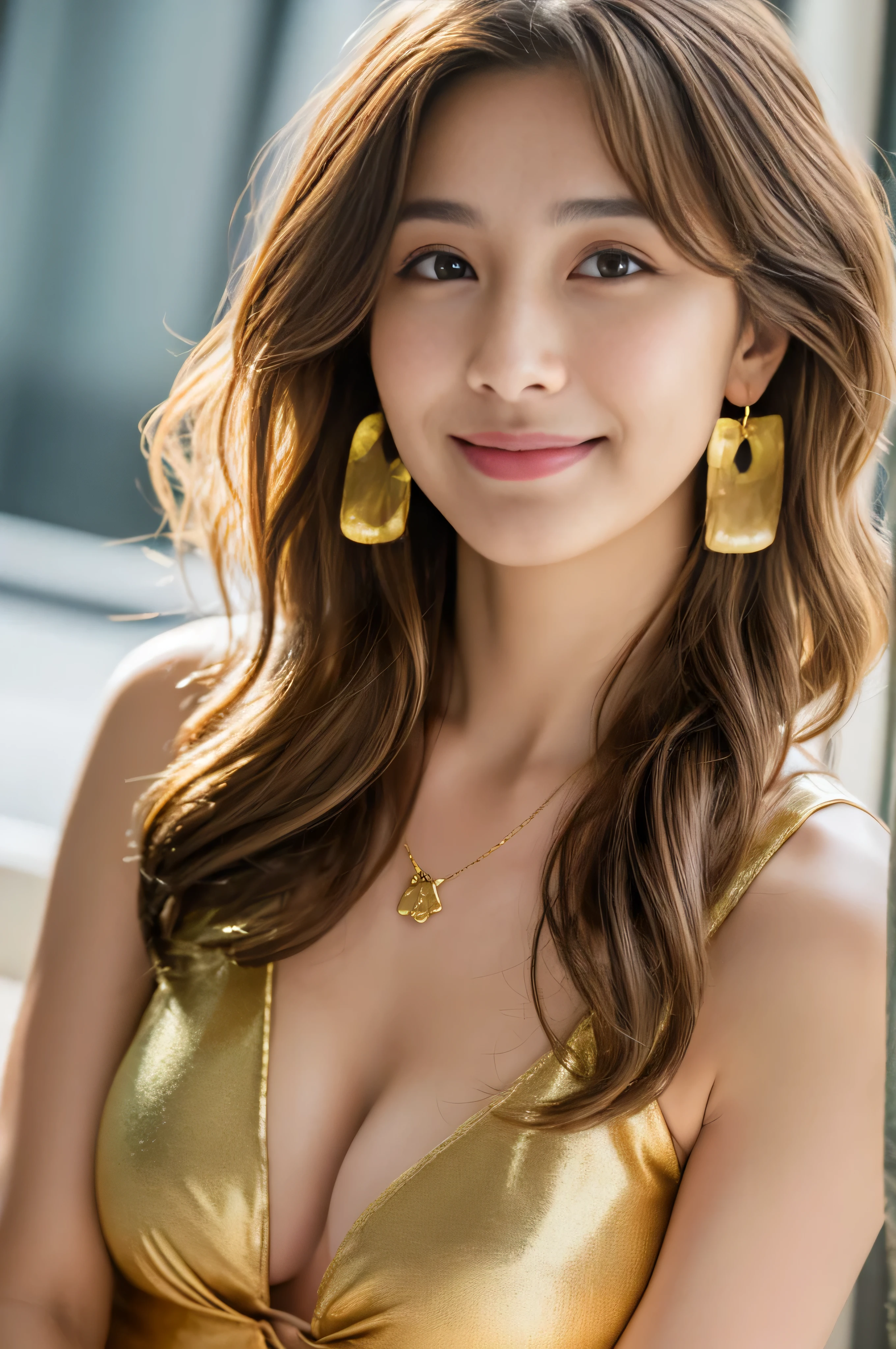 1beautiful若い女性, very detailed目と顔, realistic, very detailed統一CG 8k壁紙, very detailed, High resolution raw color photos, professional photography, realistic portrait, cinematic light, beautiful, blush, embarrassing, (beautiful胸:1.3), (cleavage:1.2), (realistic skin:1.2), (最high quality:1.4), Super detailed, high quality,((Hair with loose waves on the inside:1.2)),((Super long brown hair:1.2))((shy smile:1.3)),((gold necklace_Larger earrings:1.2)),