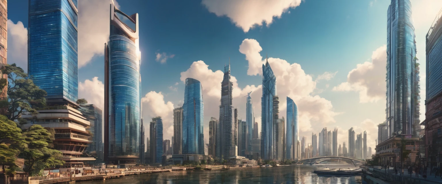 Ultra Wide Angle, aesthetic, extremely detailed, (best quality,4k,8k,highres,masterpiece:1.2),ultra-detailed,(realistic,photorealistic,photo-realistic:1.37),ultra wide angle,lens distortion,vivid colors,contrast,bokeh,low angle view,dramatic,grandiose,architectural beauty,expansive space,sweeping panoramic view,dynamic lines,imposing structures,cityscape,skyline,wide open sky,cloud formations,light and shadow play,emergent skyscrapers,modern urban architecture,spectacular visual impact,immersive experience,heroic scale