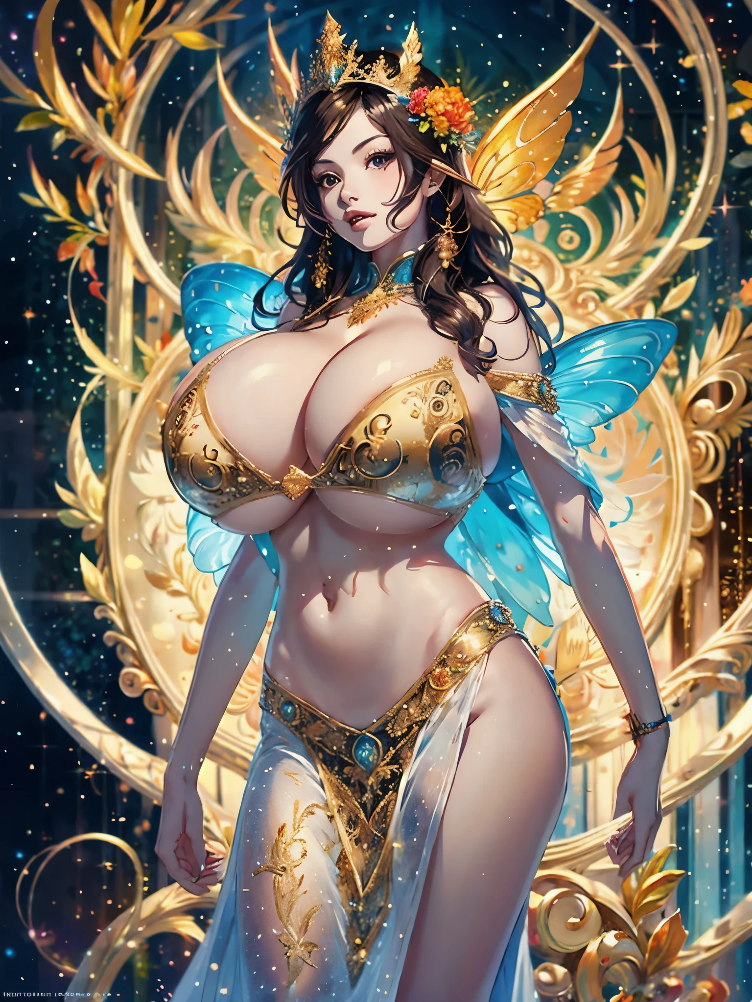 digital art,fairy,1 girl,masterpiece,anatomically correct,beautiful,intricate details,,Cast colorful spells,nice background image,masterpiece,最高masterpiece,Light and shadow,draw carefully,fractal art,rendering,bright colors,fantasy,fancy,rendering,magic element,expensive_big breasts,sexy