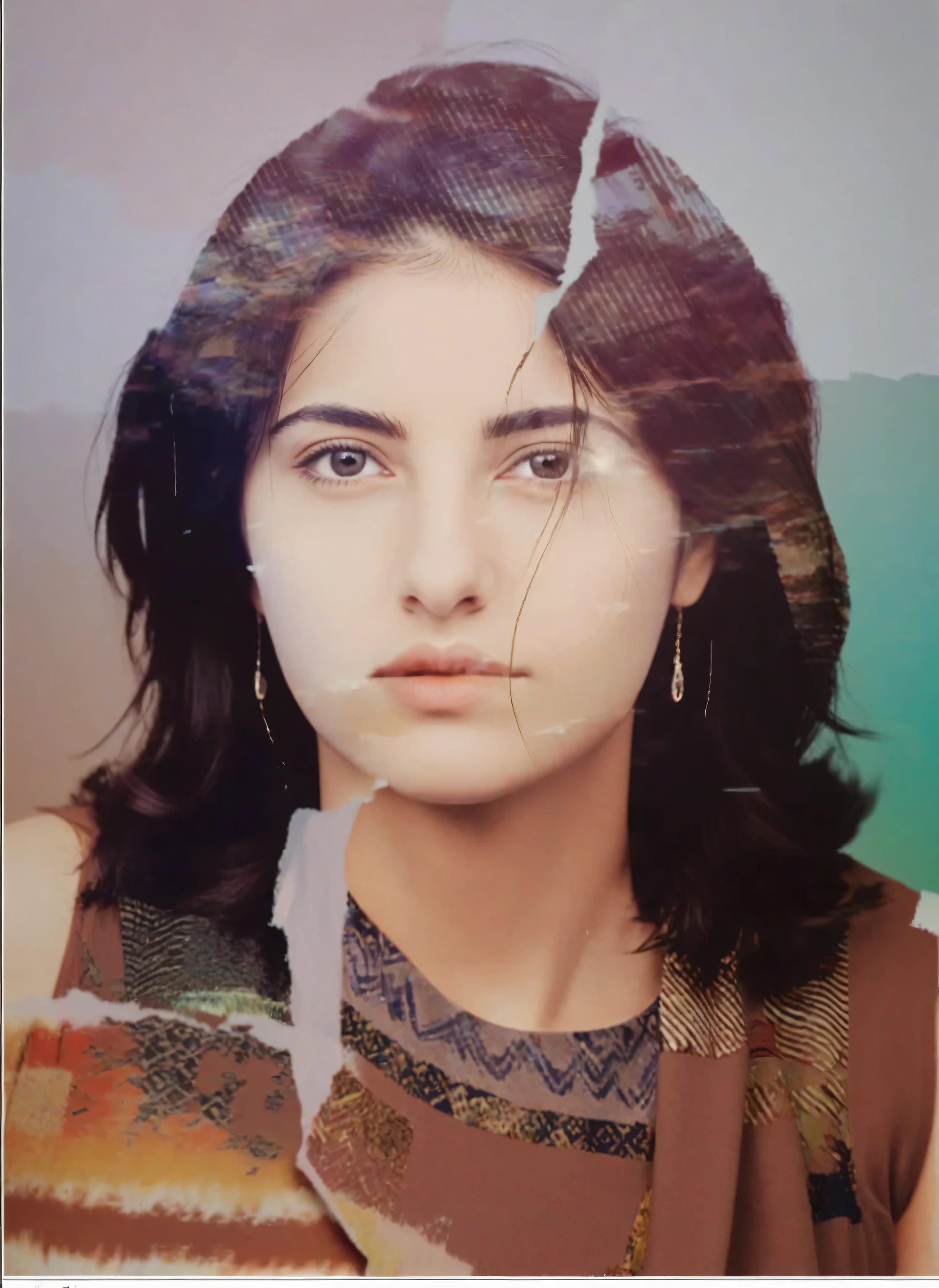 arafed photograph of a woman, looks like ebru şahin, photo of the girl, transformation portrait, photorealiscic face, digital art but photo, around 19 years old, ( collage ), photomontage, young glitched woman, photoshopped