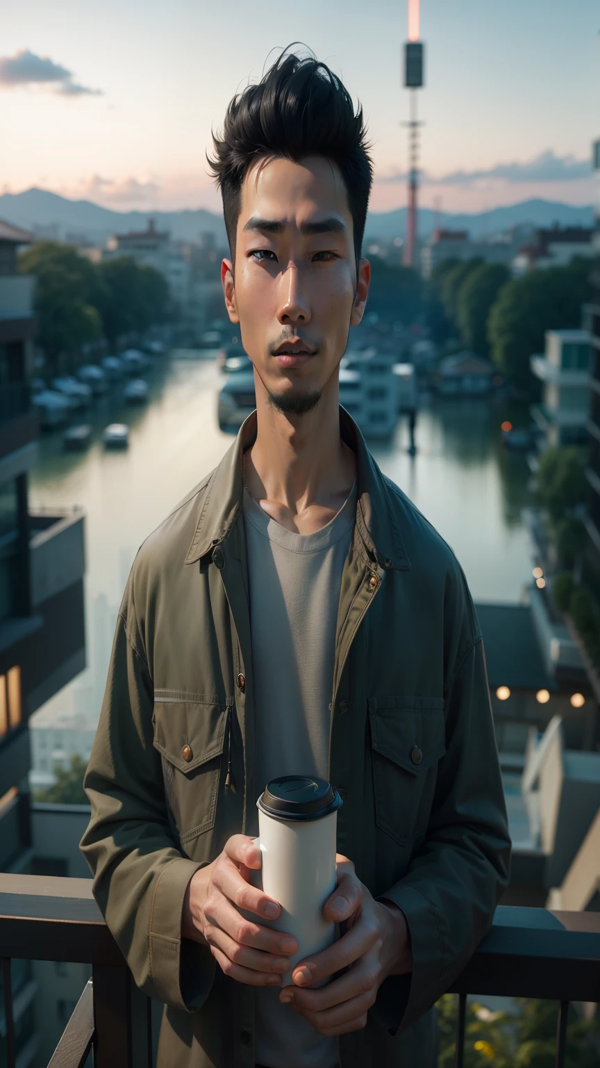 arafed man holding a cup of coffee standing on a balcony, asian male, south korean male, mid shot portrait, andrew thomas huang, asian man, perfect portrait composition, reuben wu, high quality portrait, photo of a man, medium shot portrait, a photo of a man, portrait shot, attractive man drinking coffee, portrait of morning coffee