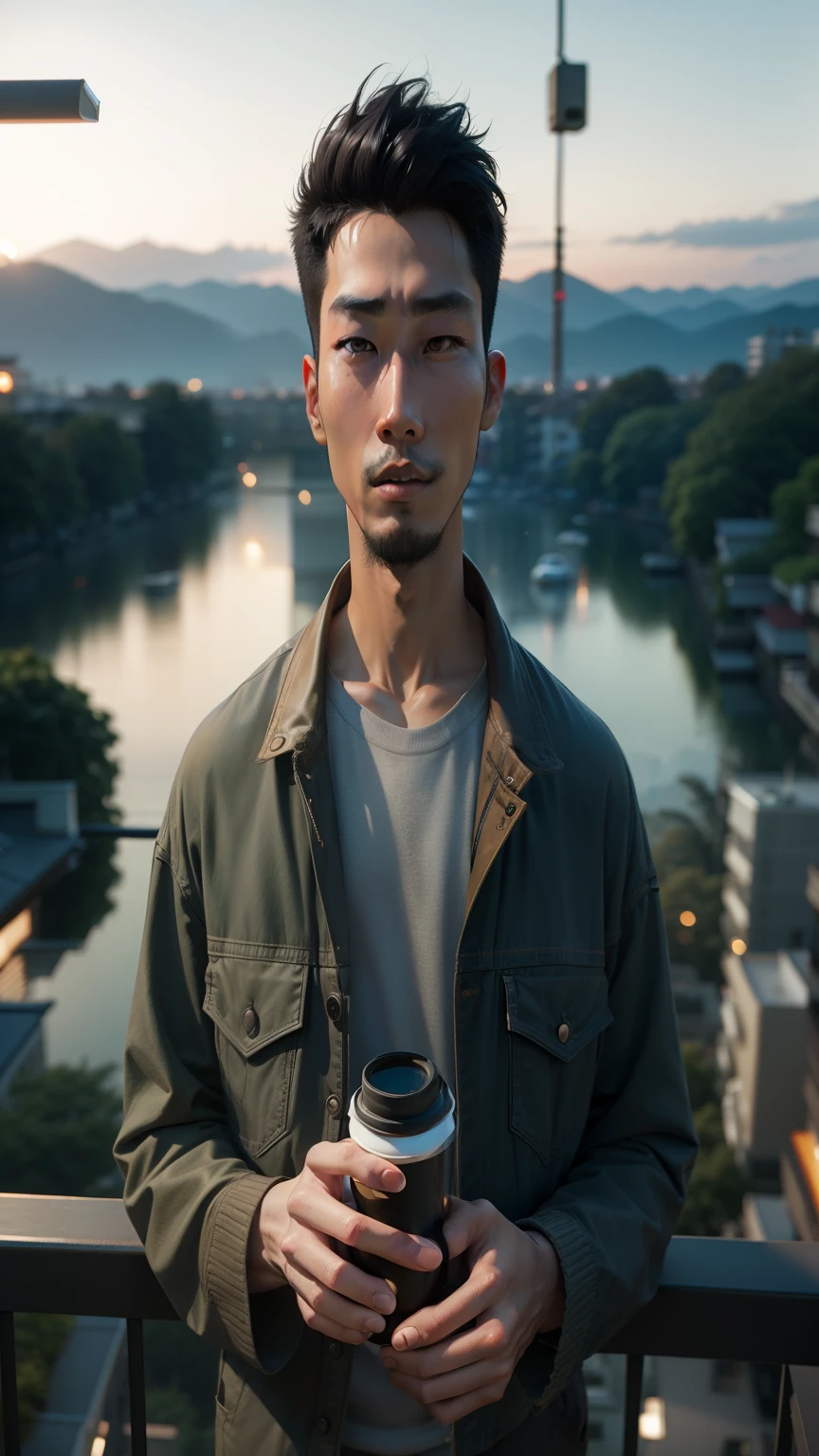 arafed man holding a cup of coffee standing on a balcony, asian male, south korean male, mid shot portrait, andrew thomas huang, asian man, perfect portrait composition, reuben wu, high quality portrait, photo of a man, medium shot portrait, a photo of a man, portrait shot, attractive man drinking coffee, portrait of morning coffee