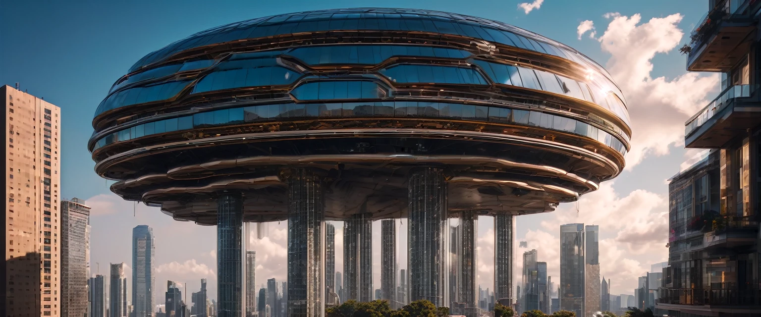 Ultra Wide Angle, aesthetic, extremely detailed, (best quality,4k,8k,highres,masterpiece:1.2),ultra-detailed,(realistic,photorealistic,photo-realistic:1.37),ultra wide angle,lens distortion,vivid colors,contrast,bokeh,low angle view,dramatic,grandiose,architectural beauty,expansive space,sweeping panoramic view,dynamic lines,imposing structures,cityscape,skyline,wide open sky,cloud formations,light and shadow play,emergent skyscrapers,modern urban architecture,spectacular visual impact,immersive experience,heroic scale