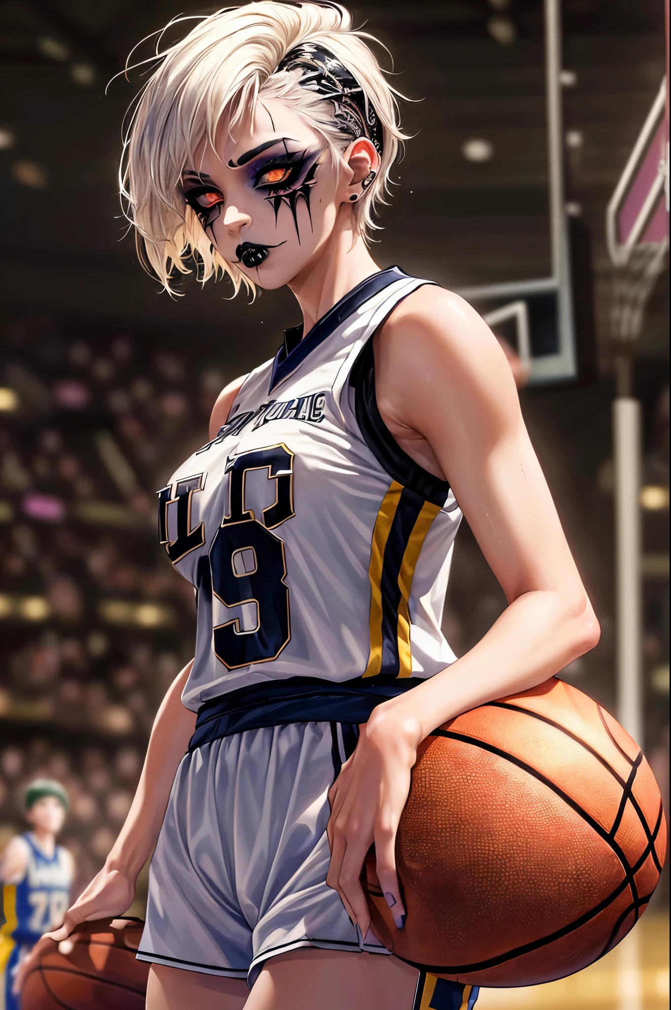 (masterpiece, best quality:1.4), ultra-detailed, soft light, natural lighting, cinematic light, film grain, (depth of field), (1woman, solo:1.4), mature woman, perfect female form, (perfect face, detailed face, glossy lips, eyeliner), short hair, white hair, (natural breasts), (Basketball uniform), ((Goth girl)), ((Punk girl)), (Basketball clothing)), hardcore punk girl, (standing), (((Basketball))), (((Goth makeup))), punk makeup, perfect details, perfect eyes