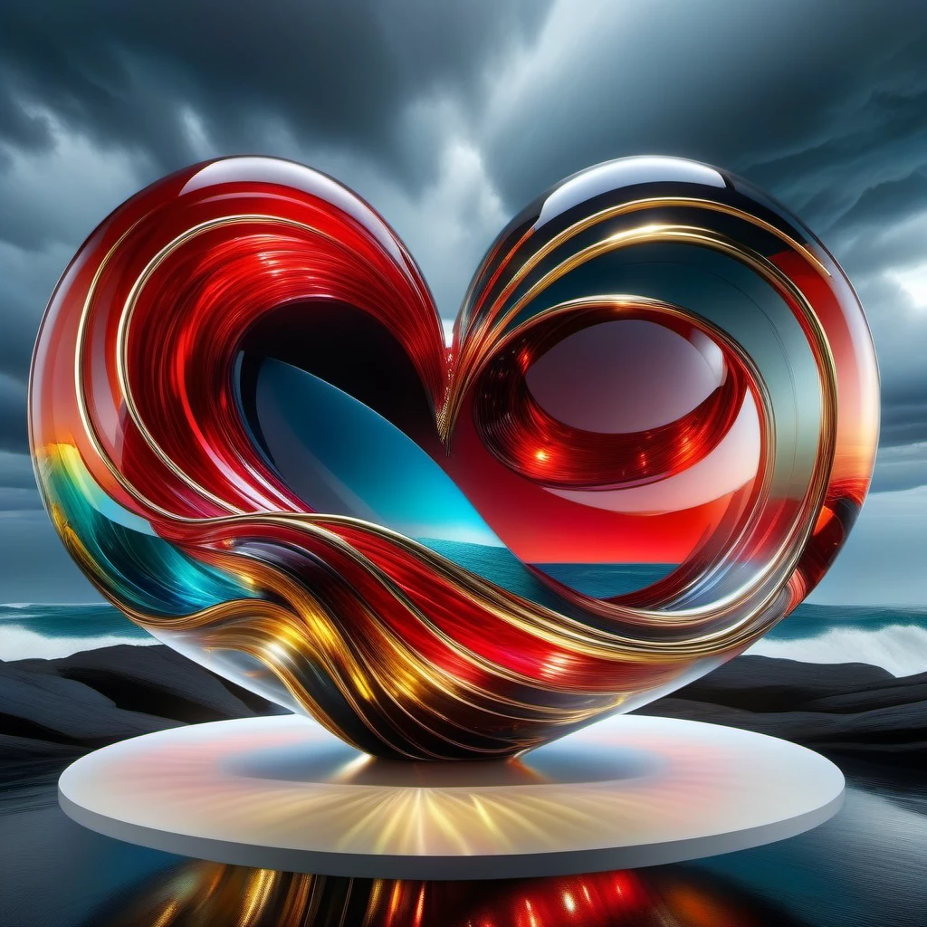Hyperrealistic digital painting of a majestic glass sculpture by the sea, embodying "Love conquers depression, " incorporates vivid hues of red within glass, contrast of black, intricate gold and platinum wire work, backdrop of Simon Berger's post-apocalyptic essence and Dale Chihuly's fluidity, absent background, replaced with a tempestuous ocean, incorporates Mike Davis' dark sci-fi and Xue Wang', composed with the impeccable balance of Jacob Lawrence and the abstract dynamism of Francis Picabia. The background of the glass table stands by the stormy sea. High Quality, Masterpiece. best quality, masterpiece, super detail