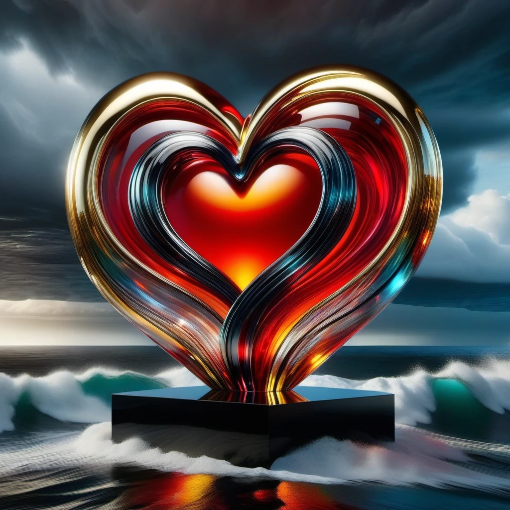 Hyperrealistic digital painting of a majestic glass sculpture by the sea, embodying "Love conquers depression, " incorporates vivid hues of red within glass, contrast of black, intricate gold and platinum wire work, backdrop of Simon Berger's post-apocalyptic essence and Dale Chihuly's fluidity, absent background, replaced with a tempestuous ocean, incorporates Mike Davis' dark sci-fi and Xue Wang', composed with the impeccable balance of Jacob Lawrence and the abstract dynamism of Francis Picabia. The background of the glass table stands by the stormy sea. High Quality, Masterpiece. best quality, masterpiece, super detail
