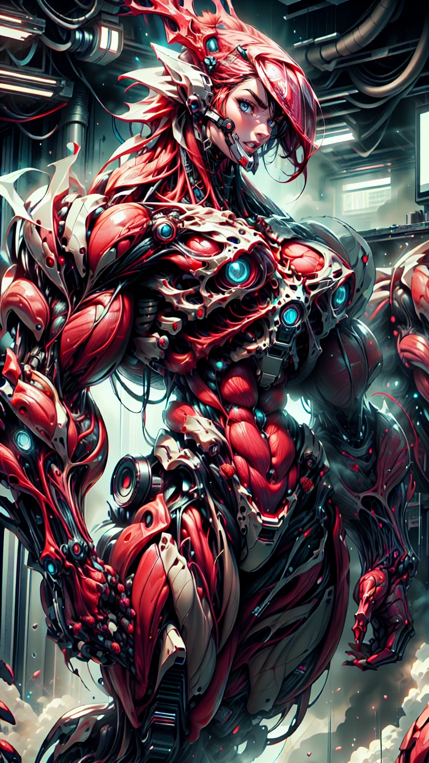 Cinematic, clear facial features and insanely detailed, the image captures the essence of (1 girl), (megan fox:1.25), (long red hair), (carnage skinless physique:1.25), (1 super muscular undead skinless succubus with gigantic horns:1.25), (covered in red necrotic rotting skinless muscle:1.25), (exposed muscles & veins everywhere:1.25), (perfect fingers:1.25) (full body pose:1.25). The color grading is beautifully done, enhancing the overall cinematic feel. Unreal Engine makes her appearance even more mesmerizing. With depth of field (DOF), every detail is focused and accentuated, drawing attention to her eyes and hair. Peak image resolution utilizing super-resolution technology ensures pixel perfection. Cinematic lighting enhances her aura, while anti-aliasing techniques like FXAA and TXAA keep the edges smooth and clean. Adding realism to the muscular bio-mecha succubus , RTX technology enables ray tracing. Additionally, SSAO (Screen Space Ambient Occlusion) gives depth and realism to the scene, the girl's presence even more convincing. In the post-processing and post-production stages, tone mapping enhances the colors, creating a captivating visual experience. The integration of CGI (Computer-Generated Imagery) and VFX (Visual Effects brings out her demonic features seamlessly . Incredible level of detail, with intricate elements meticulously crafted, the artwork hyper maximalist and hyper-realistic. Volumetric effects add depth and dimension, with unparalleled photorealism. 8k resolution rendering ensures super detailed visuals. The volumetric lighting adds a touch of magic, highlighting her beauty and aura in an otherworldly way. High Dynamic Range (HDR) tech makes the colors pop, adding richness to the overall composition. Ultimately, this artwork presents an unreal, yet stunningly real portrayal of an incredibly beautiful bio-mecha succubus girl. The sharp focus ensures that every feature is crisply defined, creating a captivating presence. (girl face:1.45)
