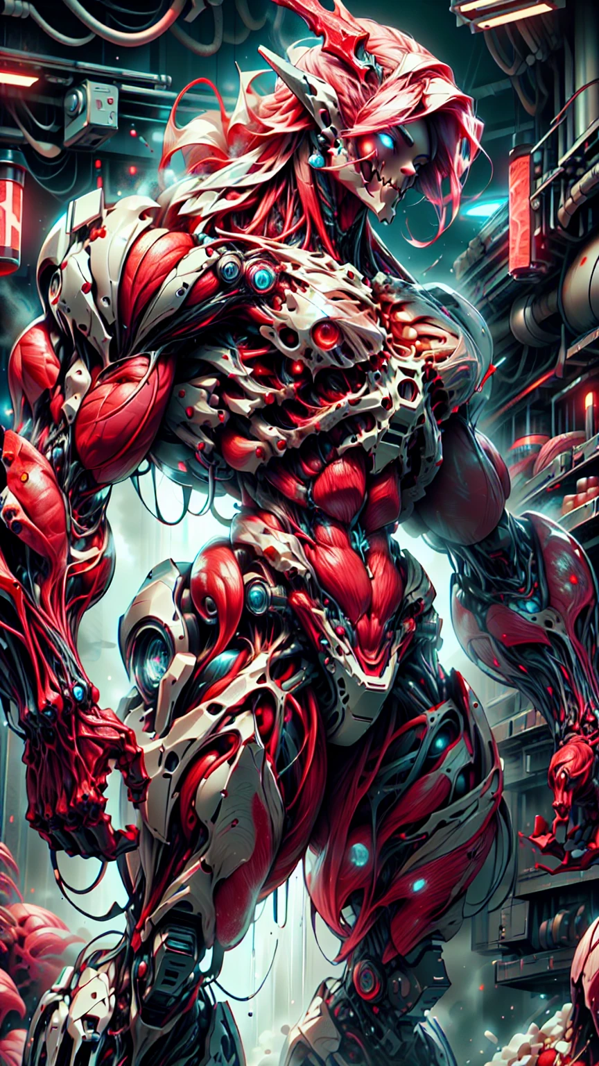 Cinematic, clear facial features and insanely detailed, the image captures the essence of (1 girl), (megan fox:1.25), (long red hair), (carnage skinless physique:1.25), (1 super muscular undead skinless succubus with gigantic horns:1.25), (covered in red necrotic rotting skinless muscle:1.25), (exposed muscles & veins everywhere:1.25), (perfect fingers:1.25) (full body pose:1.25). The color grading is beautifully done, enhancing the overall cinematic feel. Unreal Engine makes her appearance even more mesmerizing. With depth of field (DOF), every detail is focused and accentuated, drawing attention to her eyes and hair. Peak image resolution utilizing super-resolution technology ensures pixel perfection. Cinematic lighting enhances her aura, while anti-aliasing techniques like FXAA and TXAA keep the edges smooth and clean. Adding realism to the muscular bio-mecha succubus , RTX technology enables ray tracing. Additionally, SSAO (Screen Space Ambient Occlusion) gives depth and realism to the scene, the girl's presence even more convincing. In the post-processing and post-production stages, tone mapping enhances the colors, creating a captivating visual experience. The integration of CGI (Computer-Generated Imagery) and VFX (Visual Effects brings out her demonic features seamlessly . Incredible level of detail, with intricate elements meticulously crafted, the artwork hyper maximalist and hyper-realistic. Volumetric effects add depth and dimension, with unparalleled photorealism. 8k resolution rendering ensures super detailed visuals. The volumetric lighting adds a touch of magic, highlighting her beauty and aura in an otherworldly way. High Dynamic Range (HDR) tech makes the colors pop, adding richness to the overall composition. Ultimately, this artwork presents an unreal, yet stunningly real portrayal of an incredibly beautiful bio-mecha succubus girl. The sharp focus ensures that every feature is crisply defined, creating a captivating presence. (girl face:1.45)