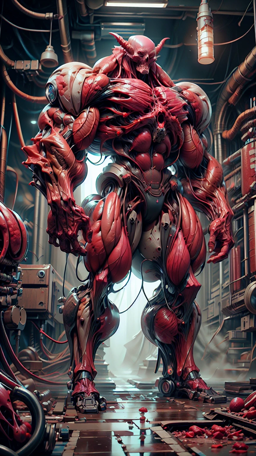 Cinematic, clear facial features and insanely detailed, the image captures the essence of (1 girl), (megan fox:1.25), (long red hair), (carnage skinless physique:1.25), (1 super muscular undead skinless succubus with gigantic horns:1.25), (covered in red necrotic rotting skinless muscle:1.25), (exposed muscles & veins everywhere:1.25), (perfect fingers:1.25) (full body pose:1.25). The color grading is beautifully done, enhancing the overall cinematic feel. Unreal Engine makes her appearance even more mesmerizing. With depth of field (DOF), every detail is focused and accentuated, drawing attention to her eyes and hair. Peak image resolution utilizing super-resolution technology ensures pixel perfection. Cinematic lighting enhances her aura, while anti-aliasing techniques like FXAA and TXAA keep the edges smooth and clean. Adding realism to the muscular bio-mecha succubus , RTX technology enables ray tracing. Additionally, SSAO (Screen Space Ambient Occlusion) gives depth and realism to the scene, the girl's presence even more convincing. In the post-processing and post-production stages, tone mapping enhances the colors, creating a captivating visual experience. The integration of CGI (Computer-Generated Imagery) and VFX (Visual Effects brings out her demonic features seamlessly . Incredible level of detail, with intricate elements meticulously crafted, the artwork hyper maximalist and hyper-realistic. Volumetric effects add depth and dimension, with unparalleled photorealism. 8k resolution rendering ensures super detailed visuals. The volumetric lighting adds a touch of magic, highlighting her beauty and aura in an otherworldly way. High Dynamic Range (HDR) tech makes the colors pop, adding richness to the overall composition. Ultimately, this artwork presents an unreal, yet stunningly real portrayal of an incredibly beautiful bio-mecha succubus girl. The sharp focus ensures that every feature is crisply defined, creating a captivating presence. (girl face:1.45)